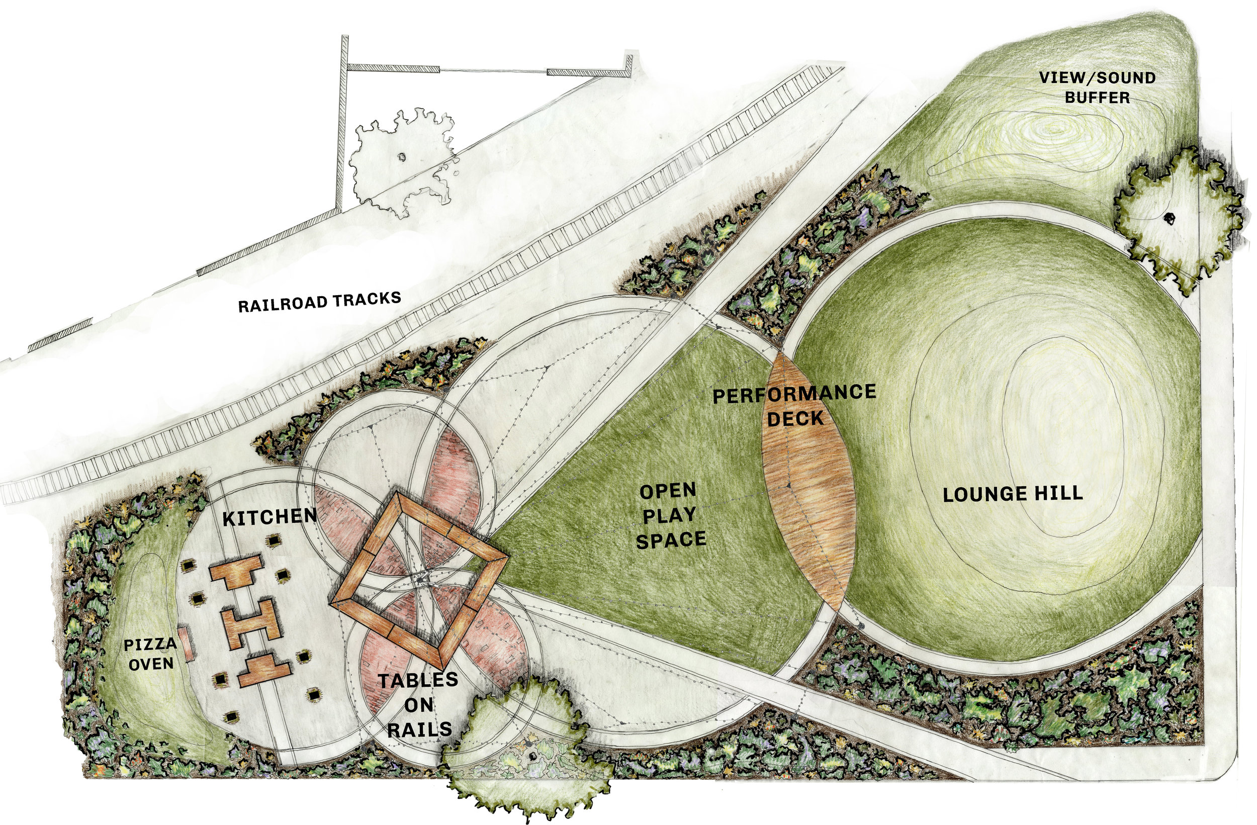 PLAN 1:100 , PROGRAMMING, PLANTING, LIGHTING, AND SURFACE TEXTURES