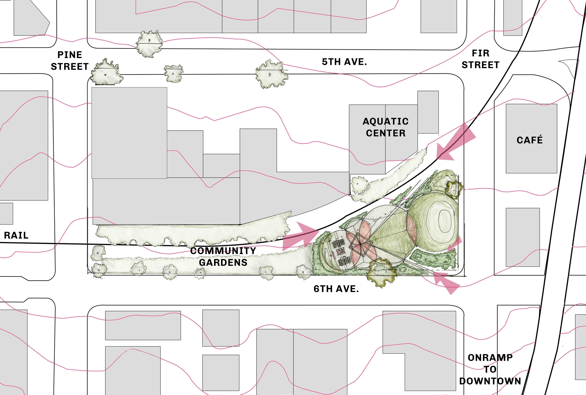 CONTEXT PLAN 1:500, SHOWING ENTRY POINTS TO THE PARK