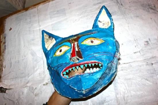  Blue Cat  Mask / approx. 14” x 16” / wire, paper, paint / 2015    