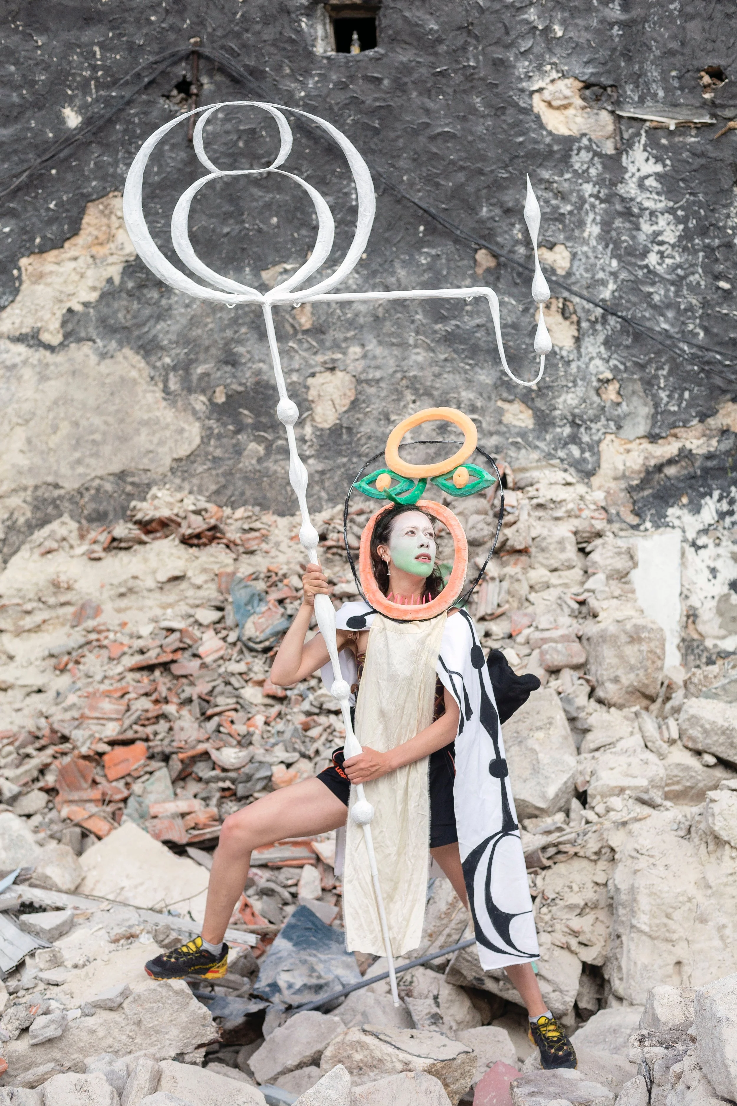  Character portrait with sculpture and special dress / up-cycled fabric, paper mache, reclaimed materials, wire, paint  / 2023 