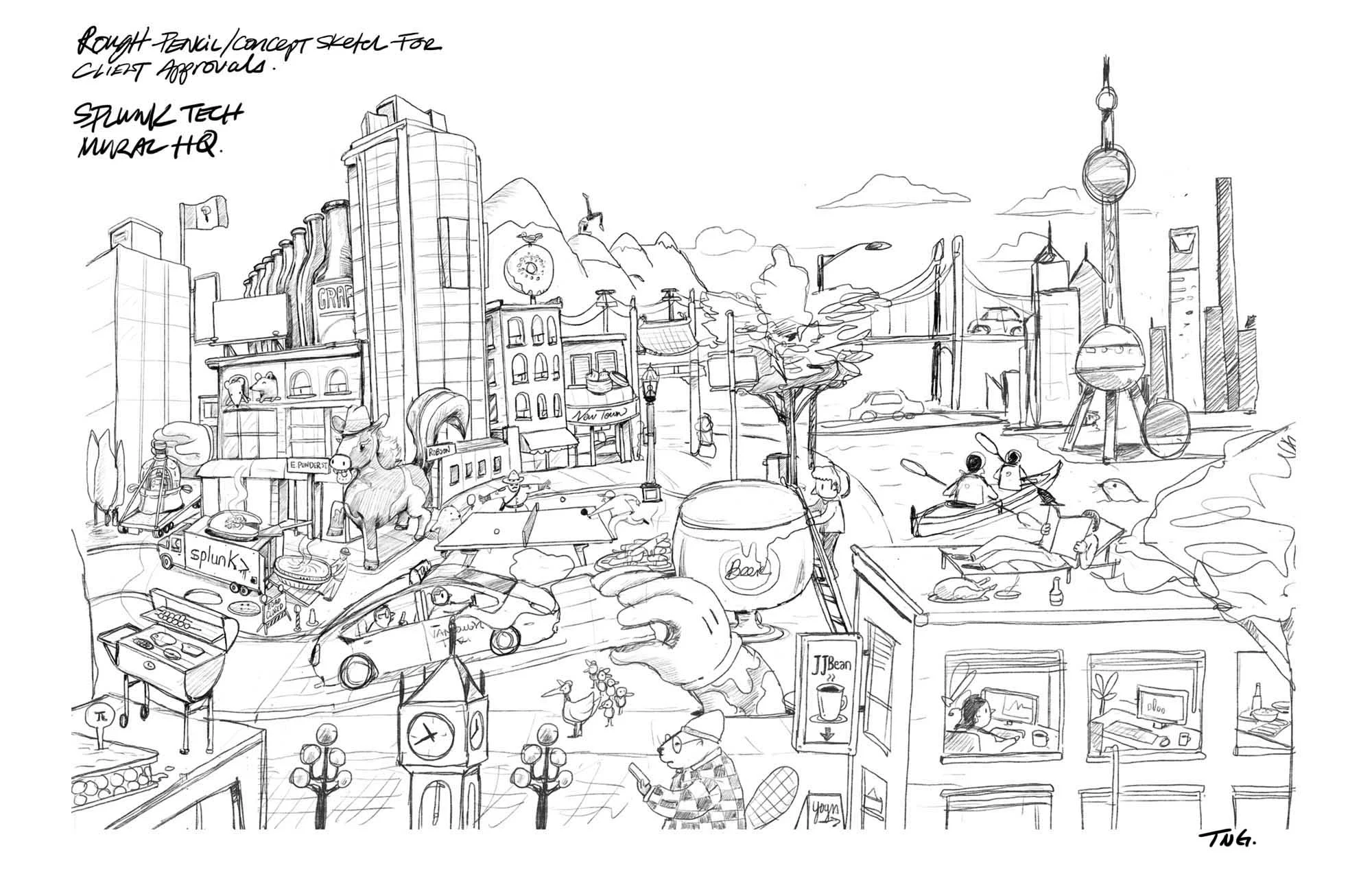 Concept pencil sketch for client approvals.