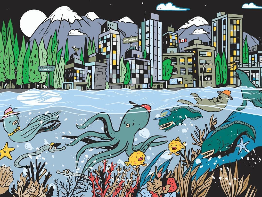 Naturally, we decided to illustrate Stanley Park and the Westend for our piece for the Aqua Colouring App since we live so close. It just feels natural to build something that would represent our hood. If you'd like to colour in our 'Stanley Park' pi