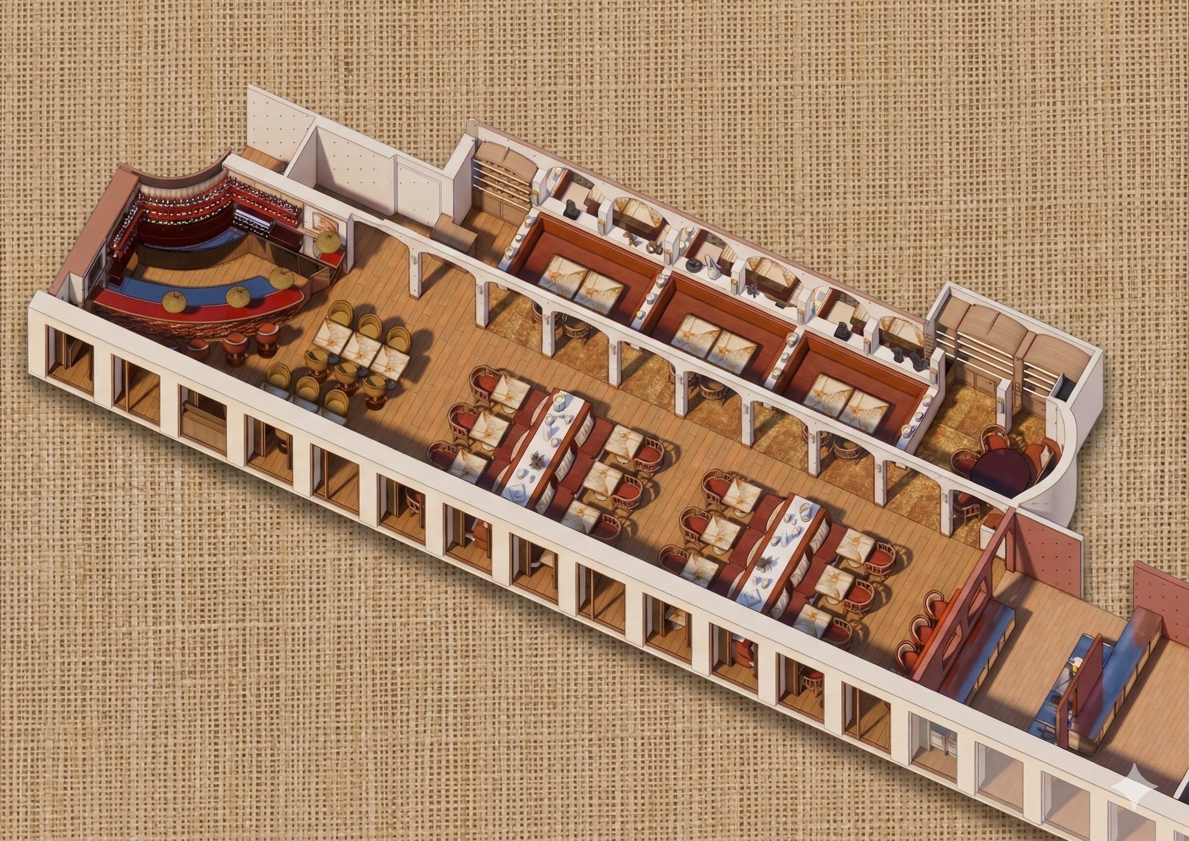 * Organisation des espaces et circulation dans le restaurant Laïa Monceau, conçu pour offrir différentes ambiances. - Visuel 3D