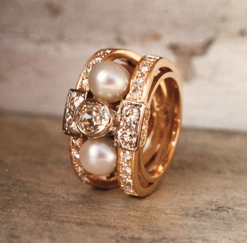 BAGUE OR BRILLANTS ET PERLES
