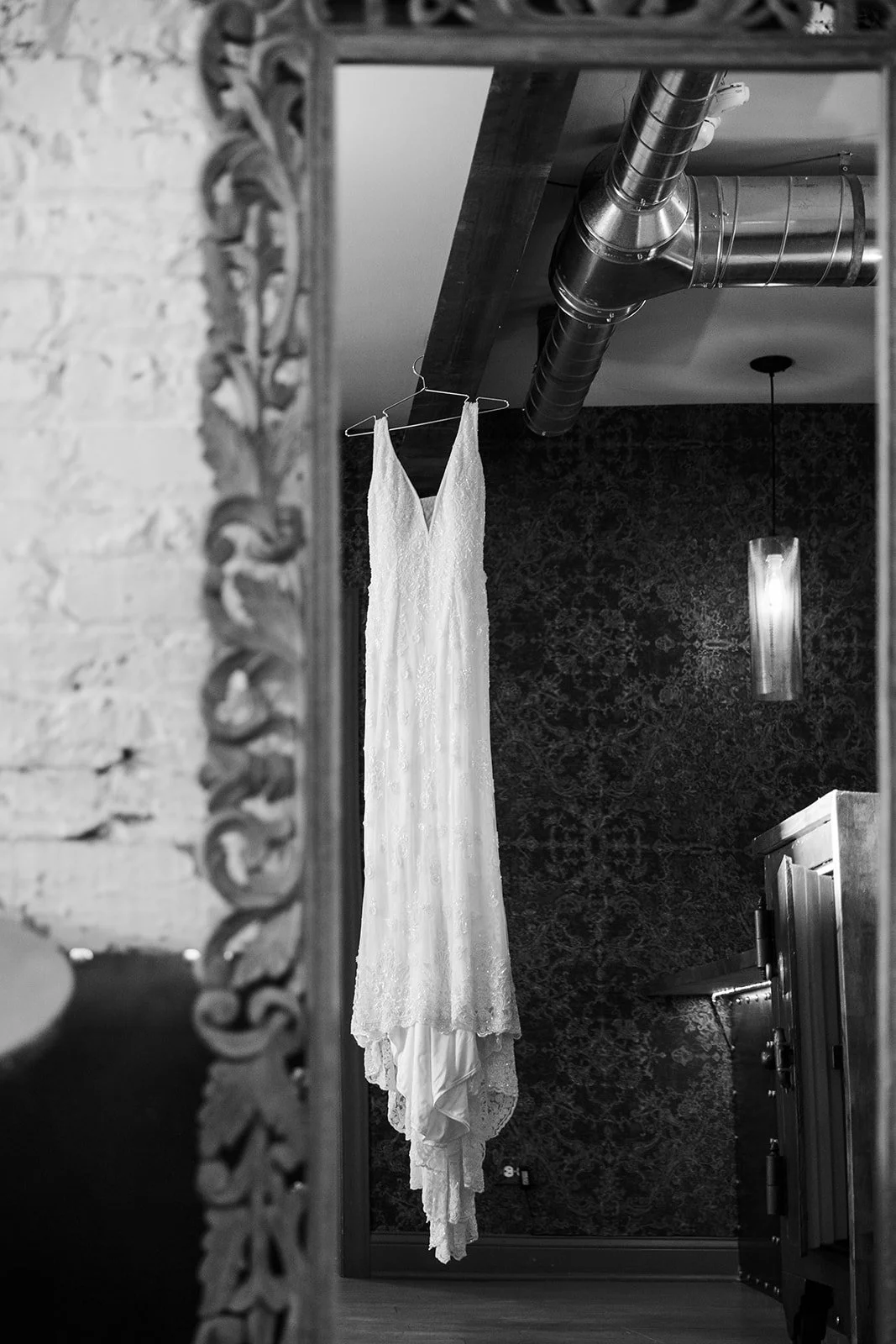 Black and white photo of wedding dress