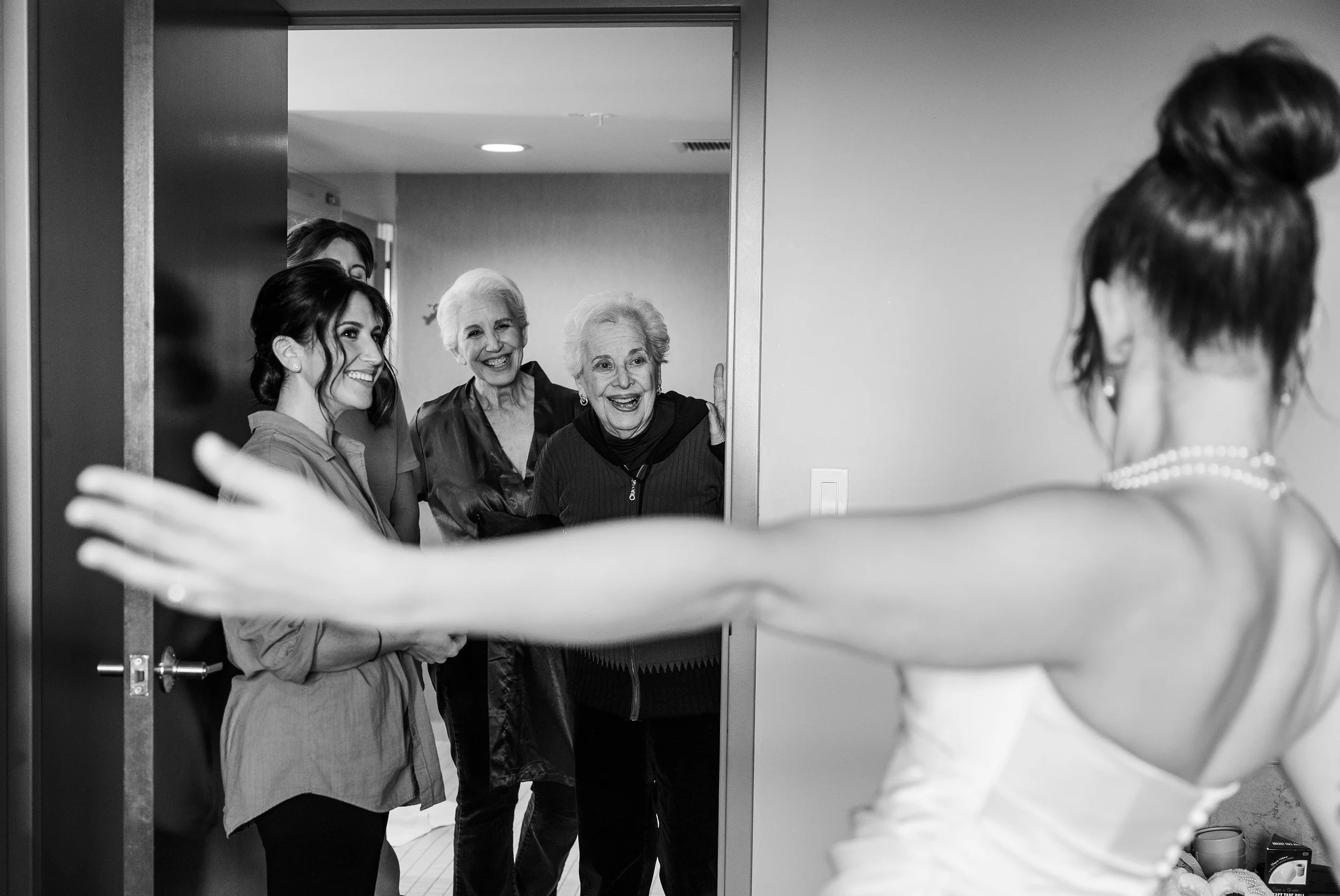 Black and white documentary style wedding getting ready photo 
