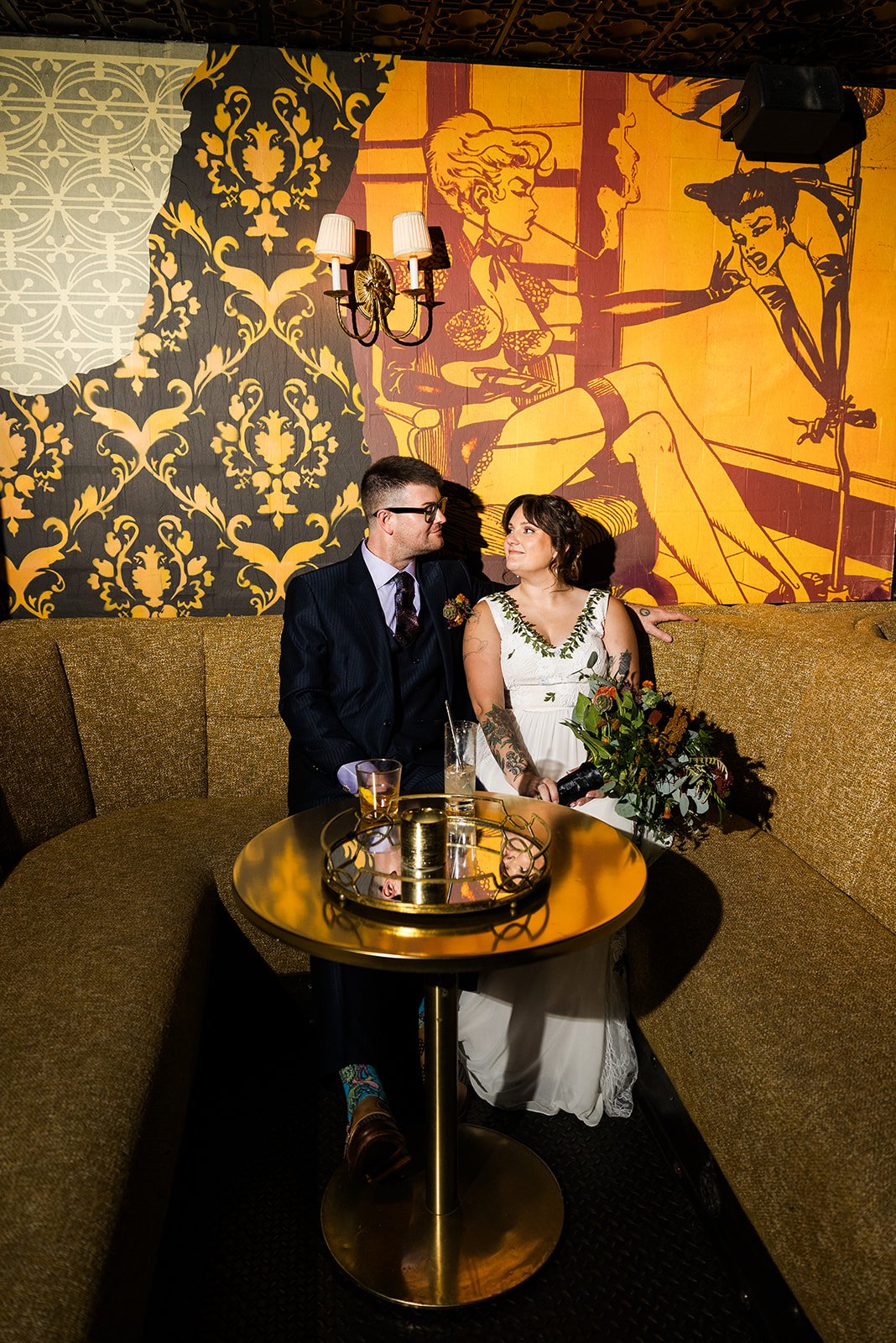  Documentary style portrait photo of bride and groom in Bordel intimate restaurant / bar wedding in Wicker Park Chicago  