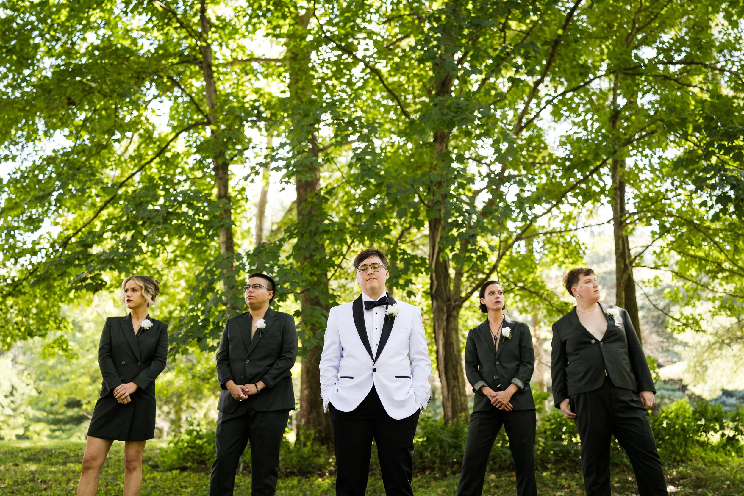Gender affirming wedding party portrait at nontraditional queer wedding 