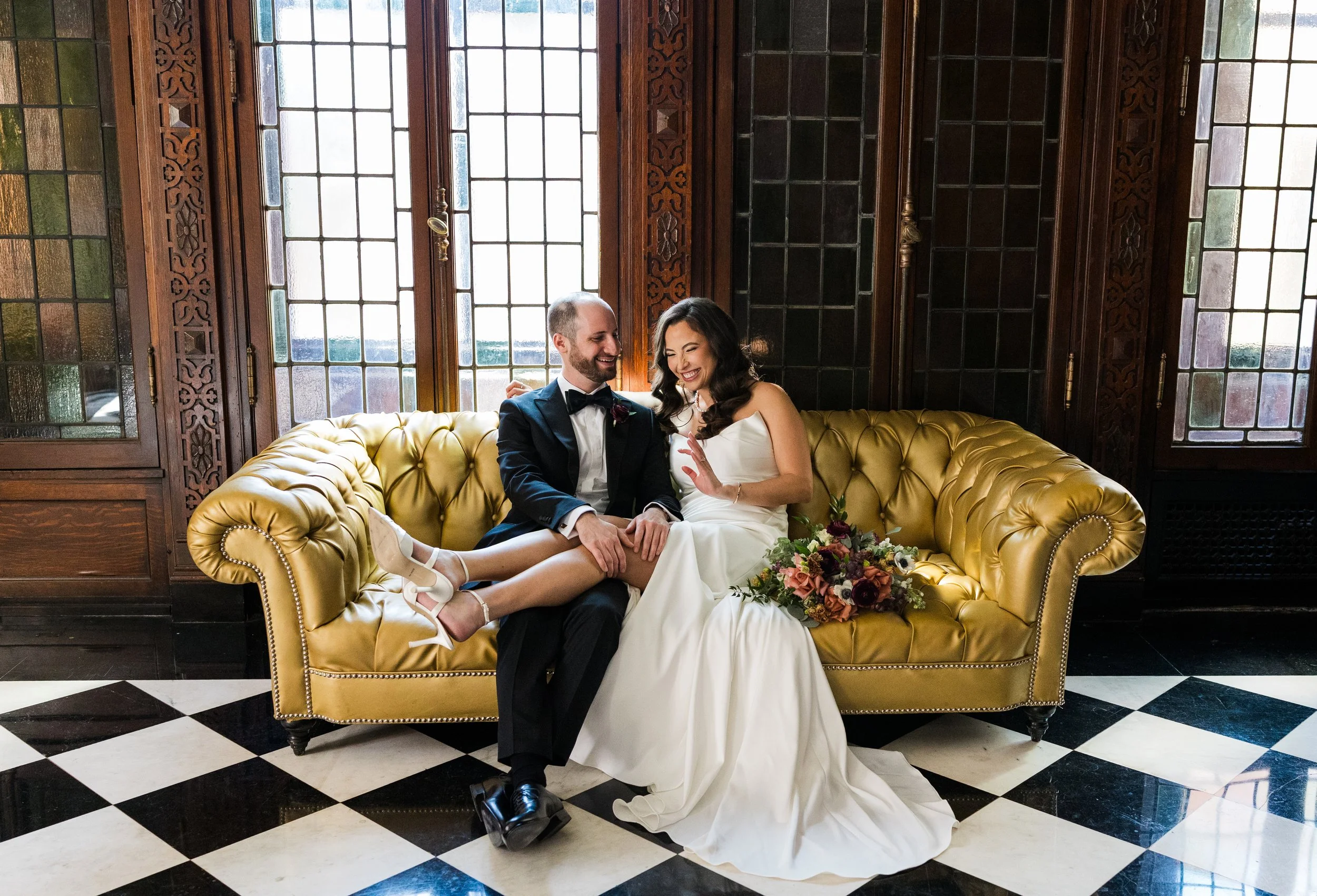 Timeless documentary style portrait of bride and groom at The Blackstone Chicago 