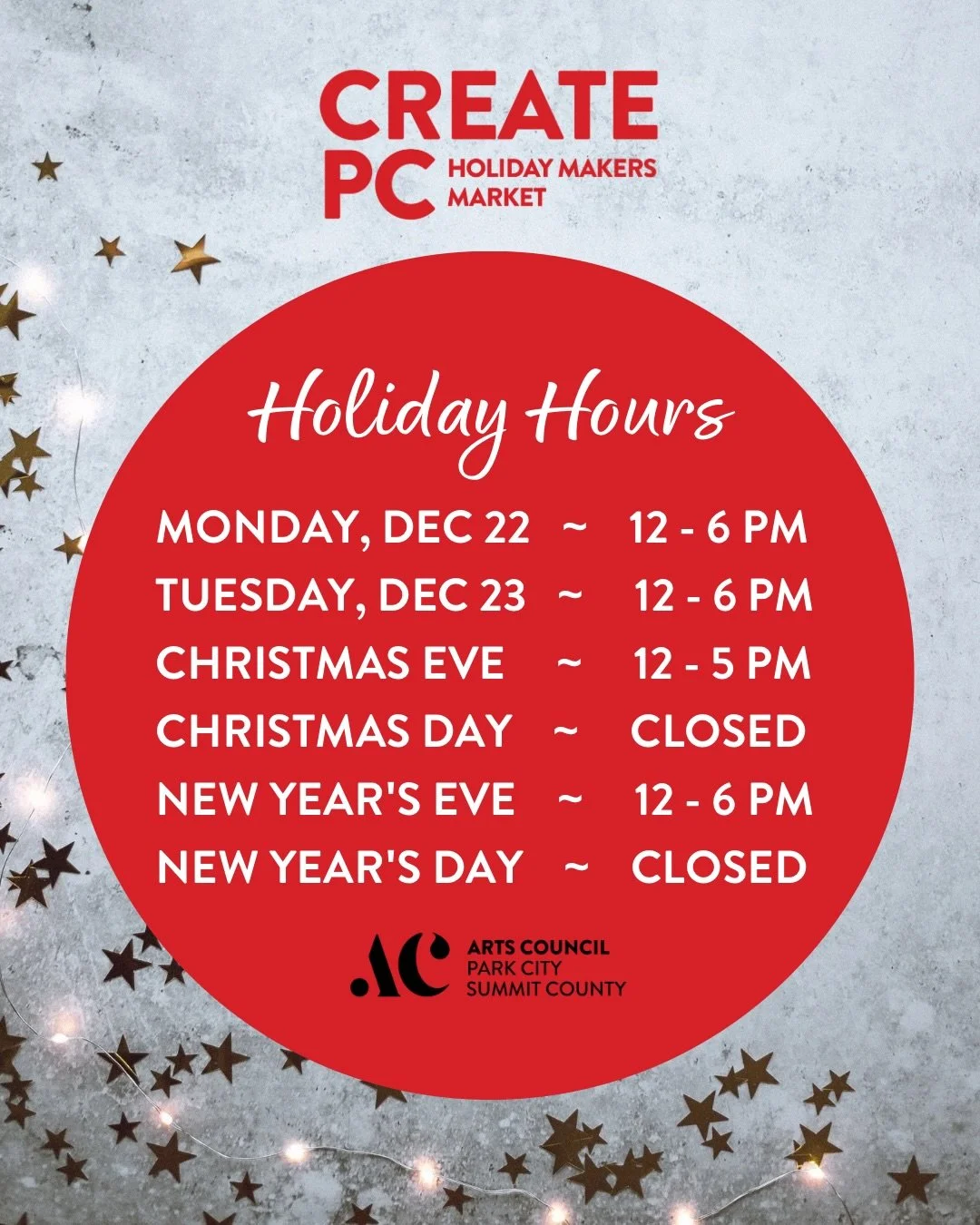 🎄✨ Special Holiday Hours at the CREATE PC Holiday Makers Market! ✨🎄

We&rsquo;re spreading extra holiday cheer with bonus hours: open Monday and Tuesday, Dec. 22 &amp; 23, from 12-6 PM and Christmas Eve from 12-5pm (big thanks to Mya, Kristiina, an