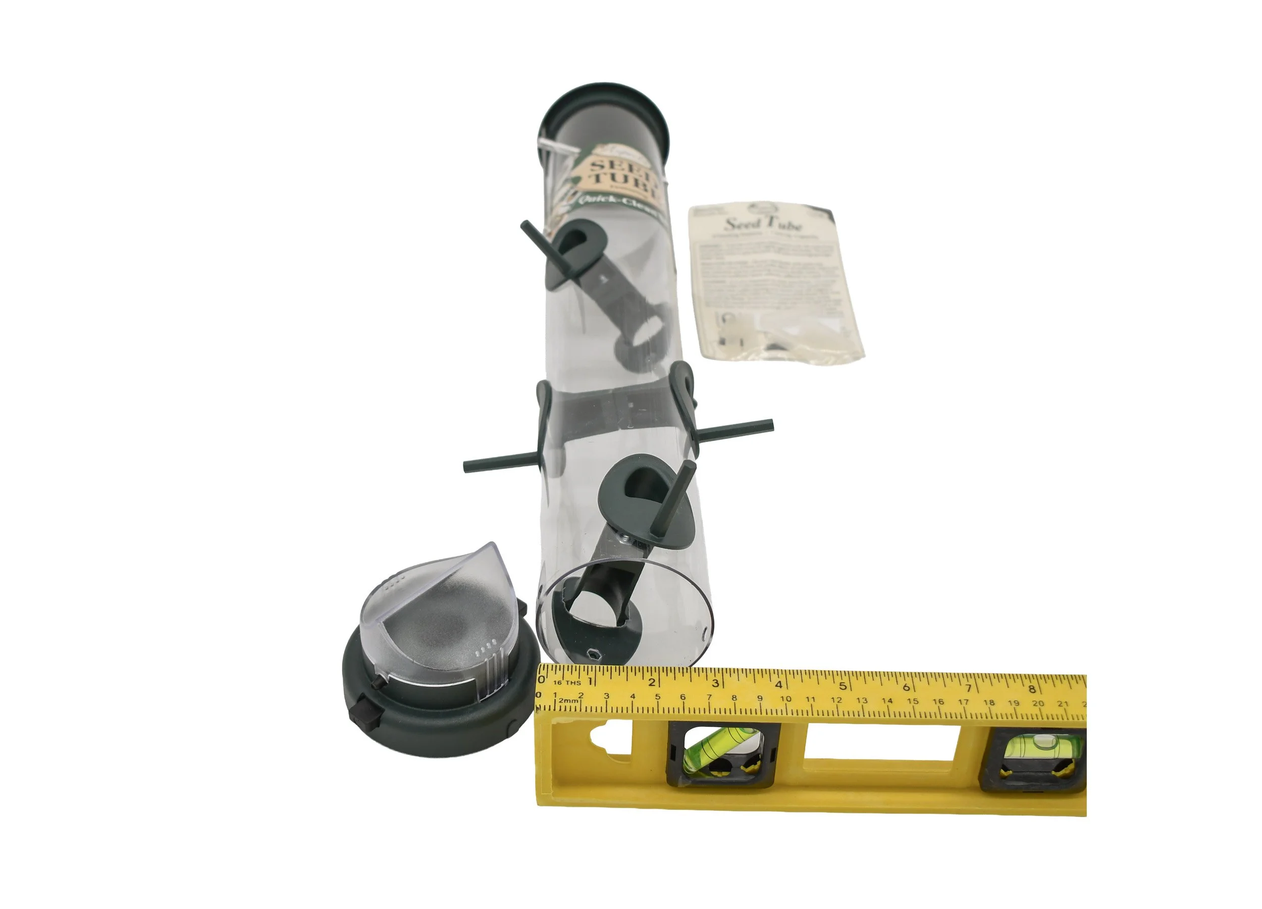 Aspects 425 Quick-Clean Spruce seed feeder with removable base and measurement details showing feeder dimensions.