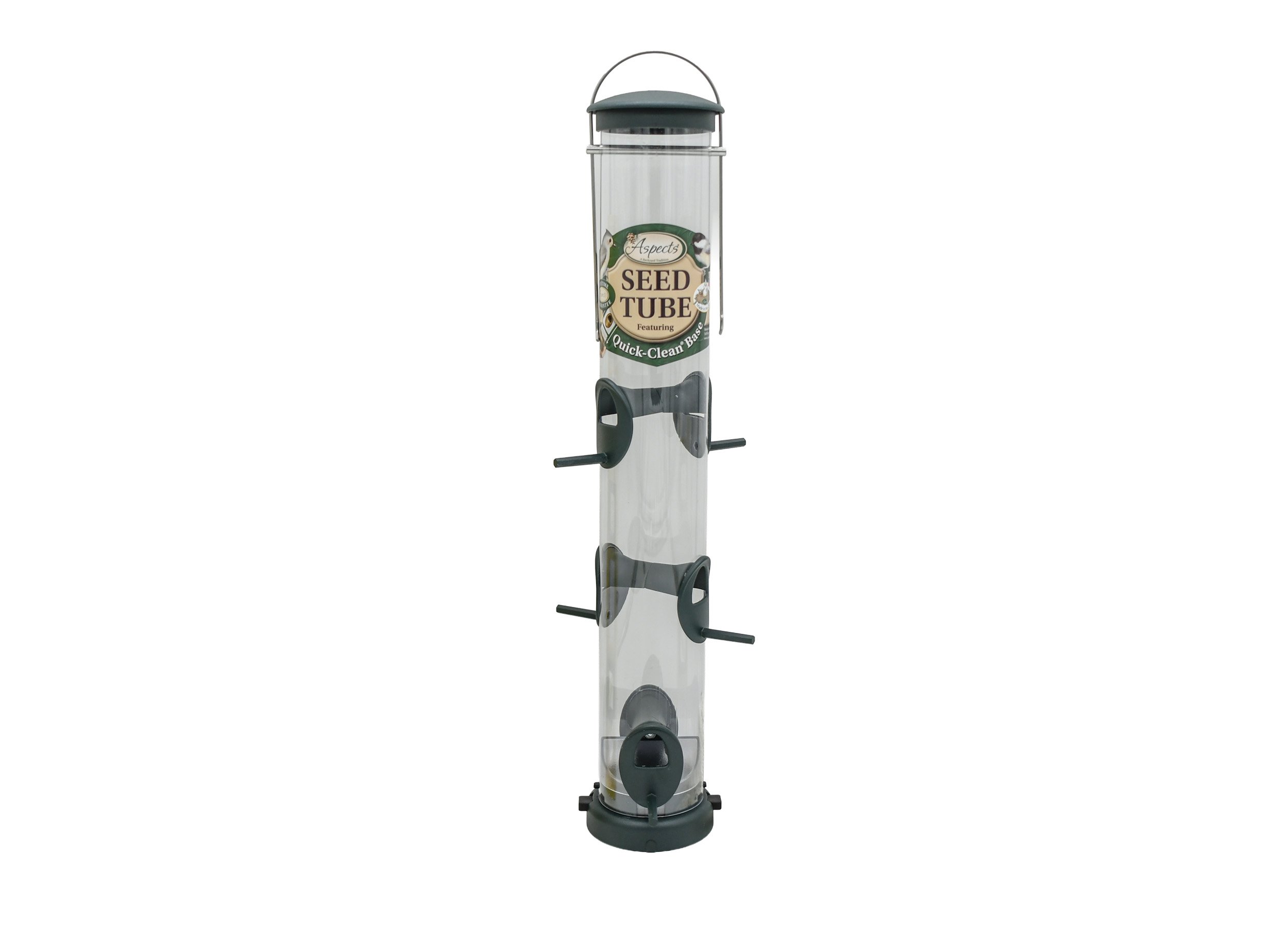 Aspects 425 Quick-Clean Spruce large hanging seed tube bird feeder featuring six feeding ports and clear seed tube.