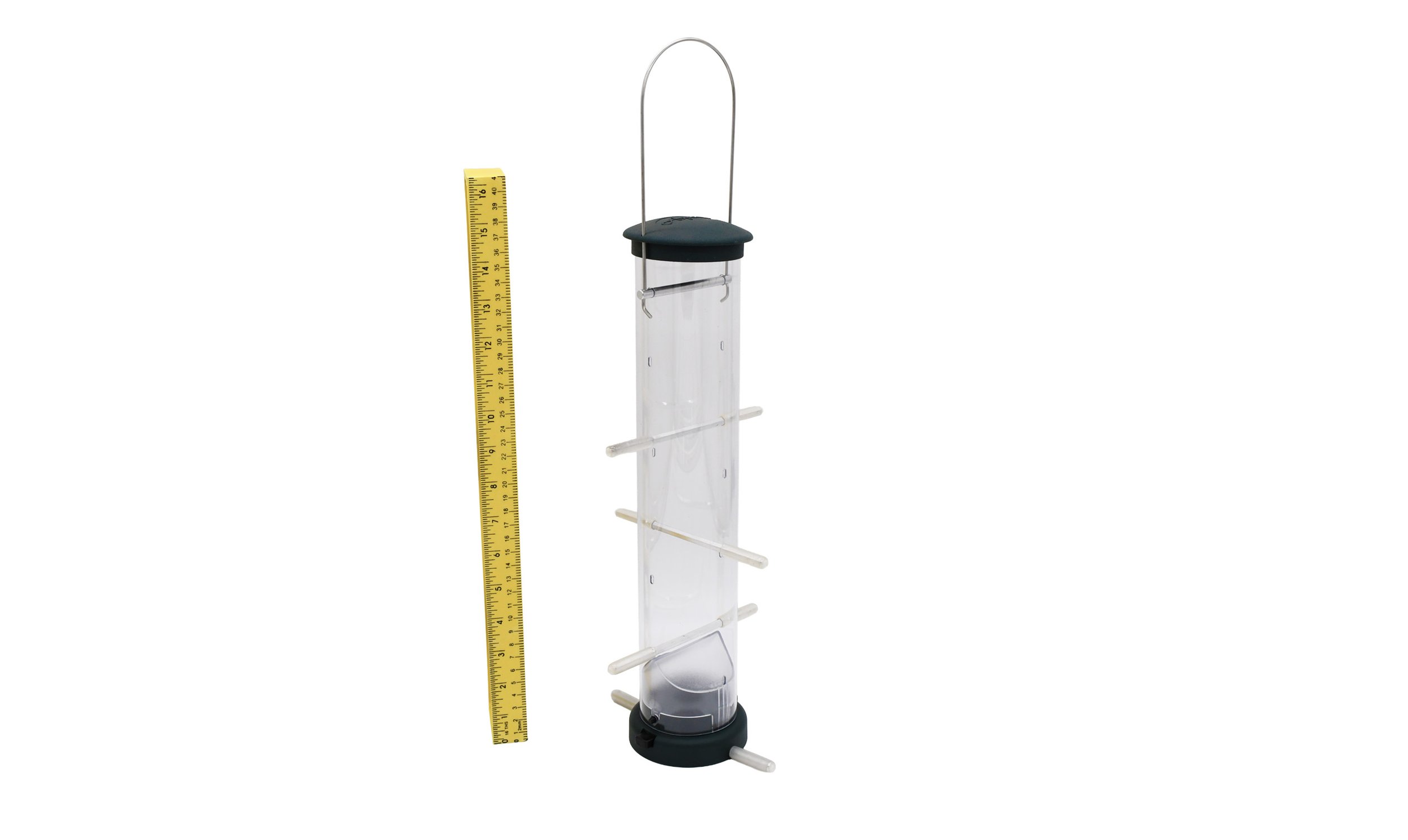 Angled view of Aspects 427 Quick-Clean finch feeder beside measuring stick showing feeder height and feeding stations.