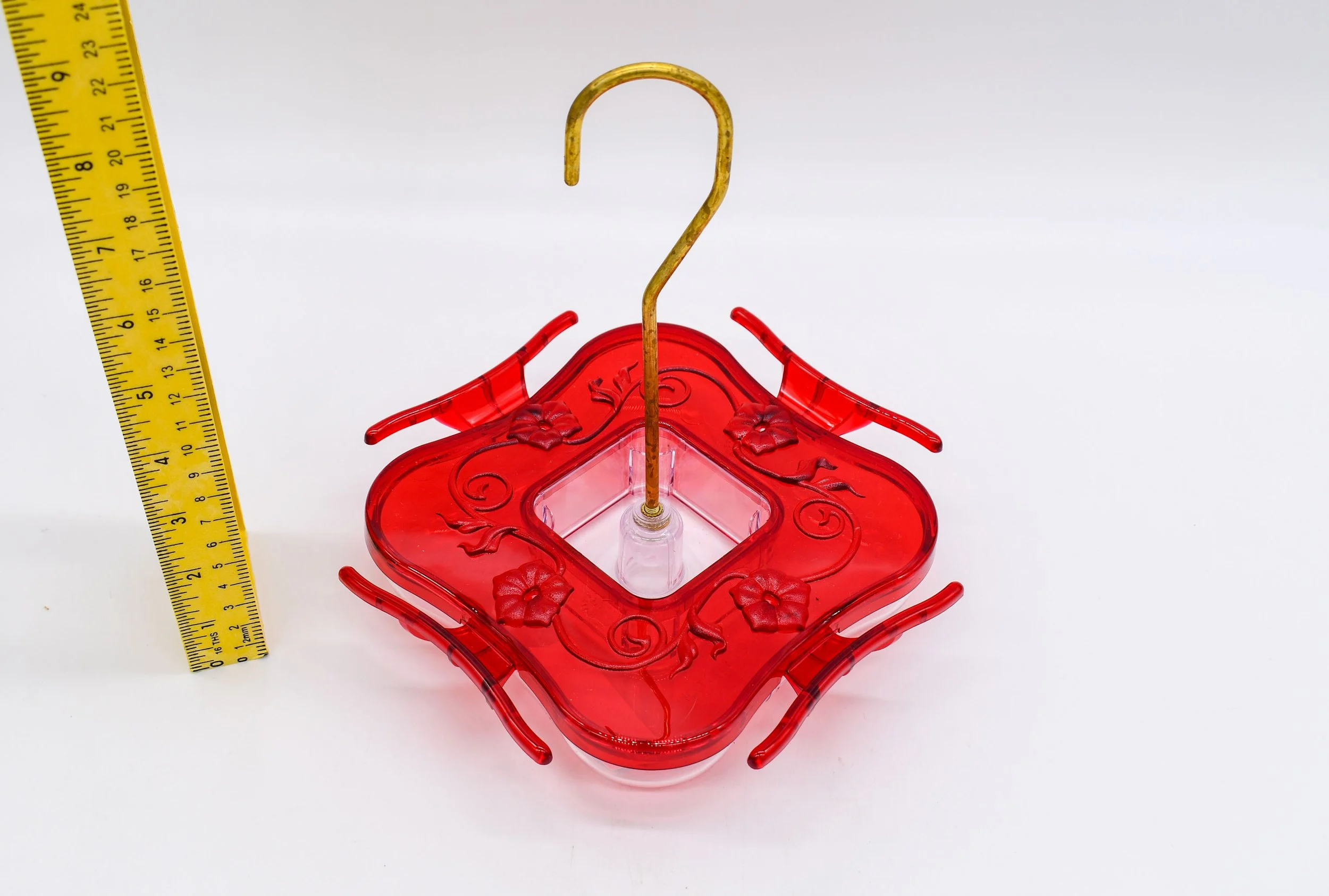 Aspects HighView Square hanging hummingbird feeder with red cover, clear nectar bowl and brass hanging rod