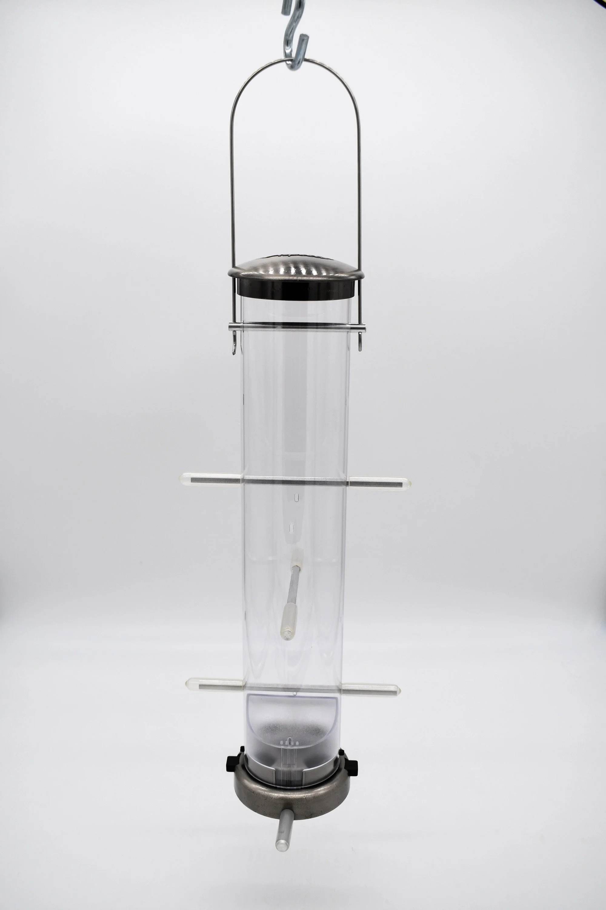 Close-up of Aspects 400 Quick Clean Finch Feeder showing nickel top, clear seed tube and metal feeding perches.
