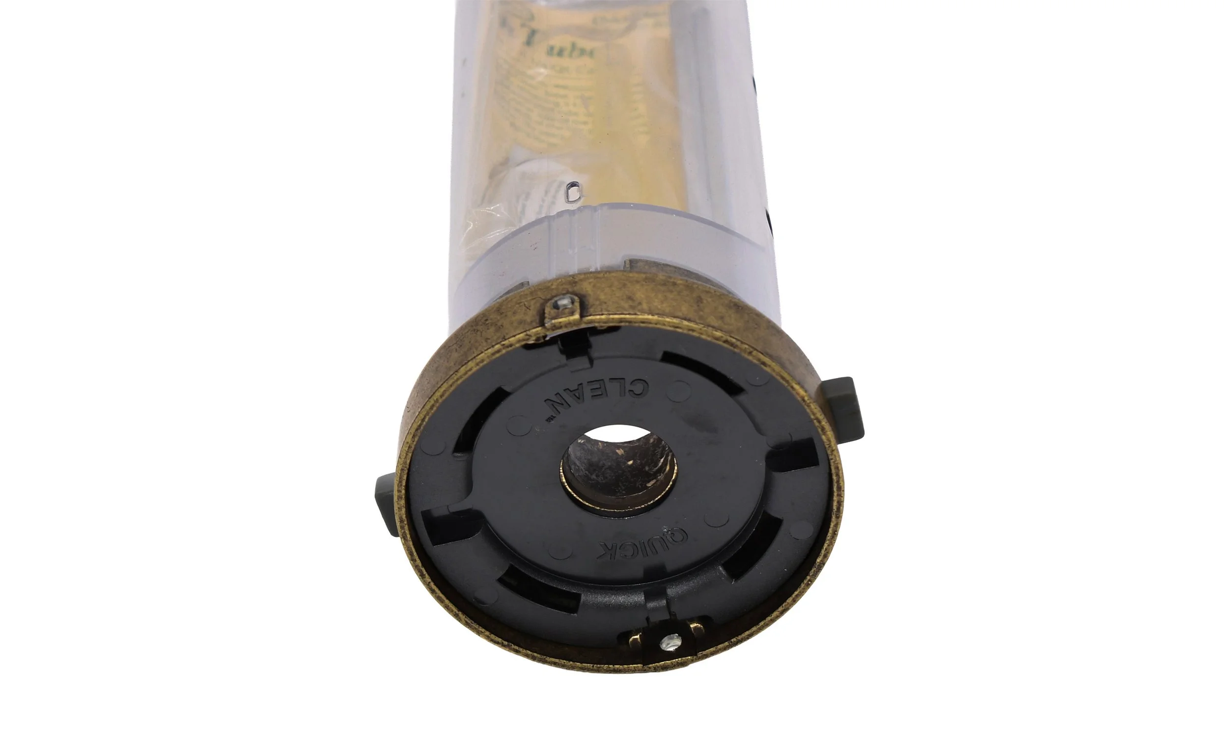 Close-up of the Aspects 402 antique brass finch feeder showing the removable Quick Clean base and locking mechanism.