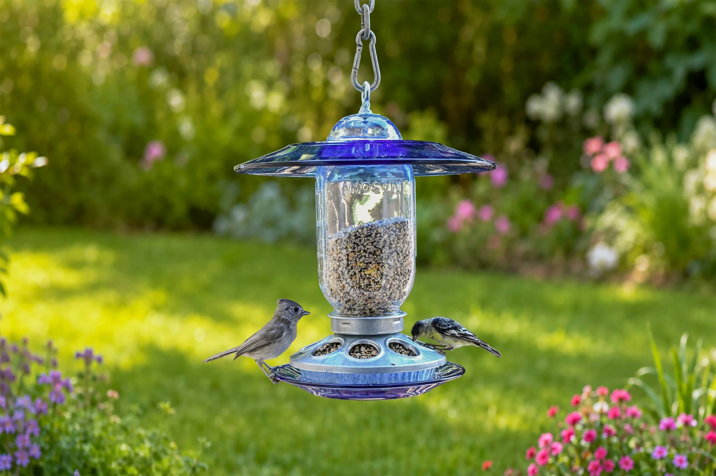 Royal blue glass hanging bird feeder with songbirds feeding in a colorful summer garden