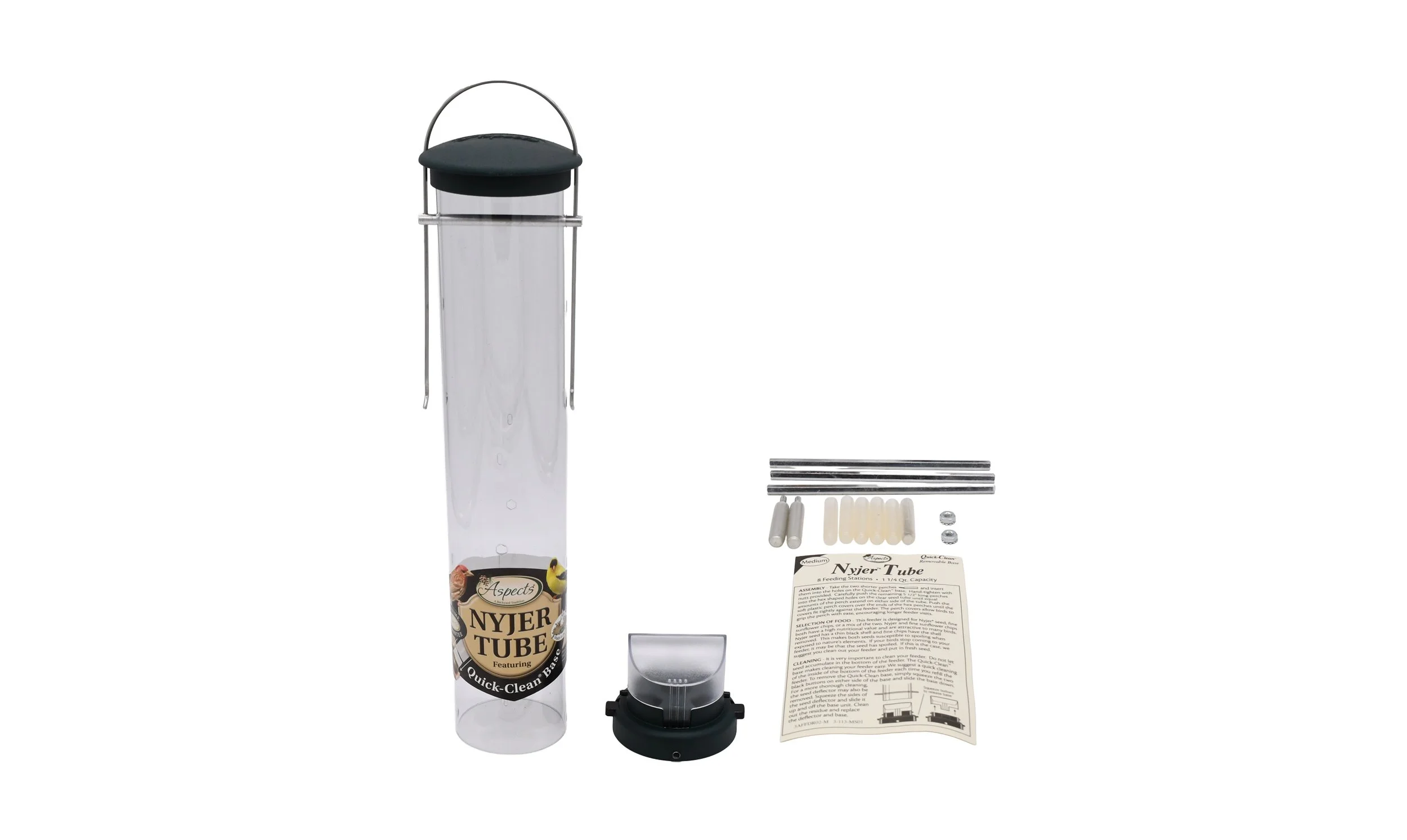 Aspects 427 Quick-Clean finch feeder with removable base, feeding components, perches, hardware and instructions.
