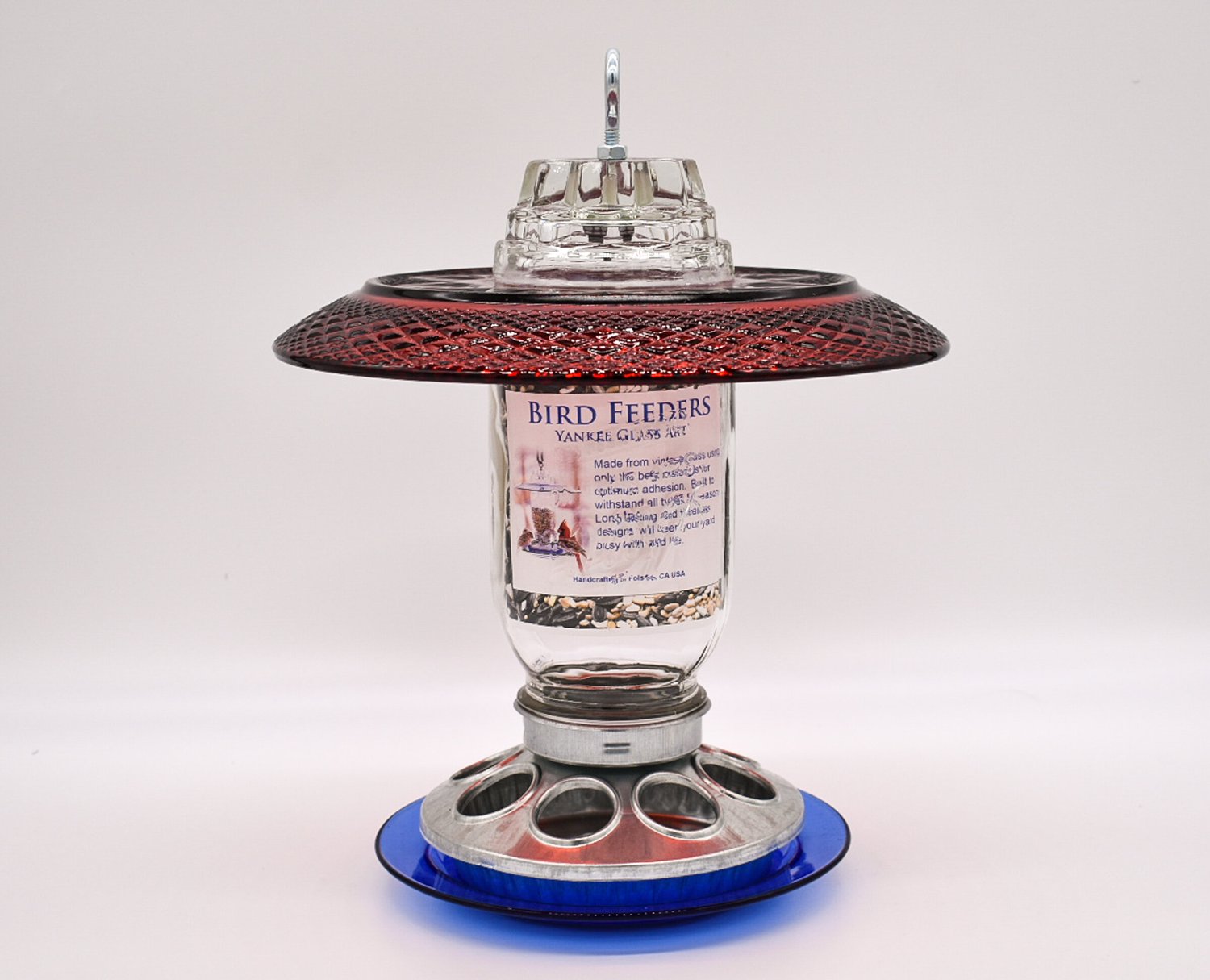 Bird Feeder Glass Mason Jar Handmade Item For Outdoors Red Blue
