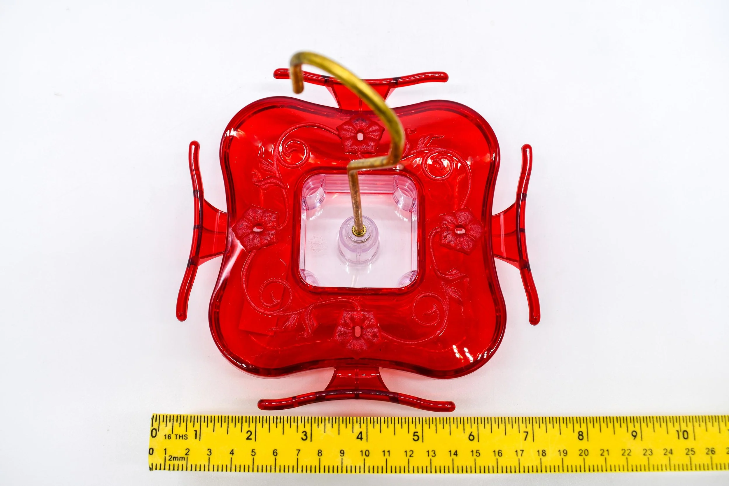 Front view of Aspects HighView Square 8 oz hummingbird feeder with ruler showing overall feeder size