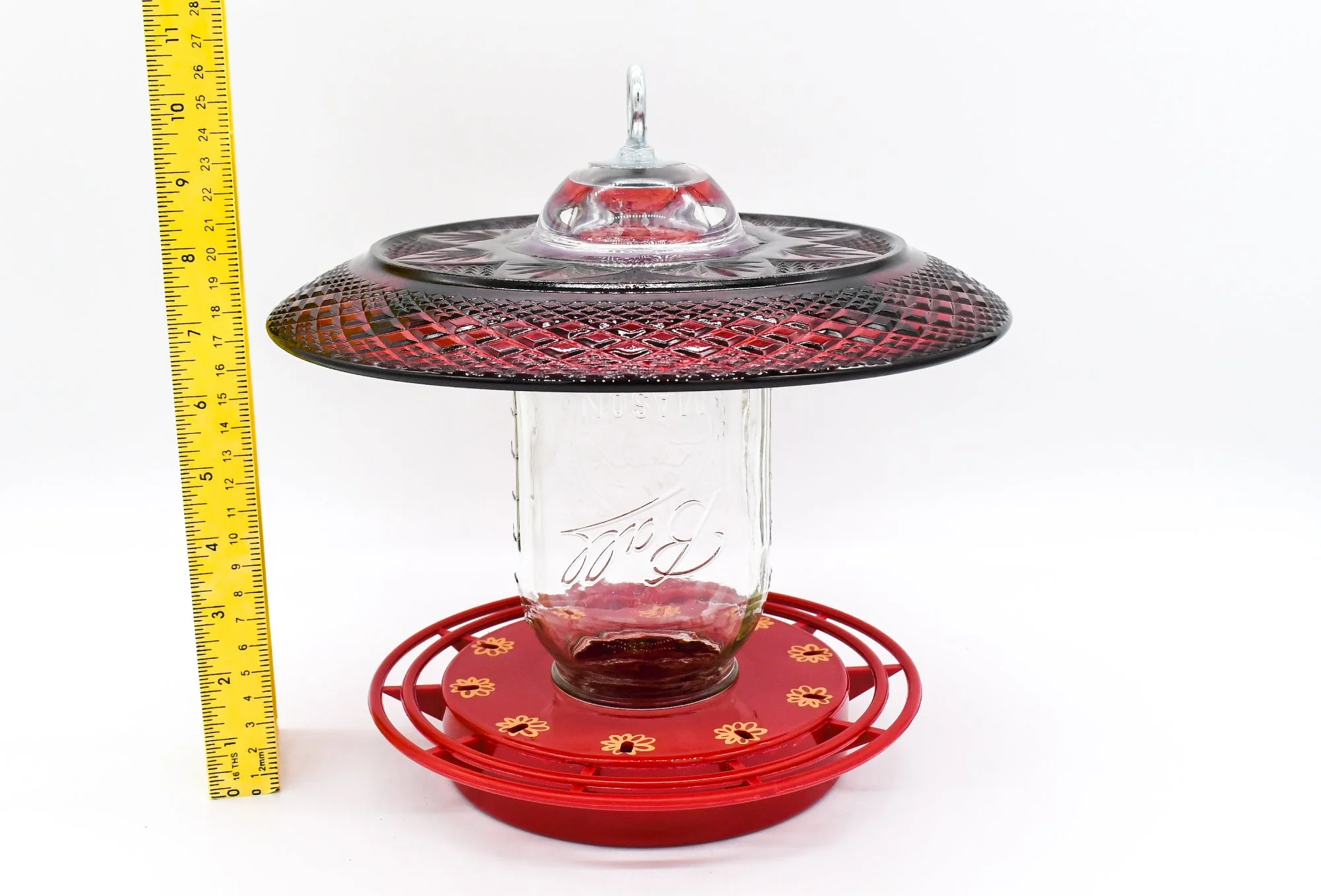 Large Mason Jar Hummingbird Feeder with Ruby Red Cris D’Arques Plate for Outdoor Bird Lovers