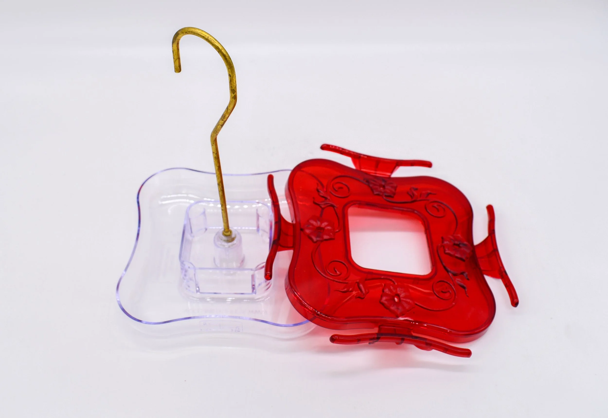 Aspects HighView Square hummingbird feeder parts showing clear nectar bowl, red cover and brass hanging rod