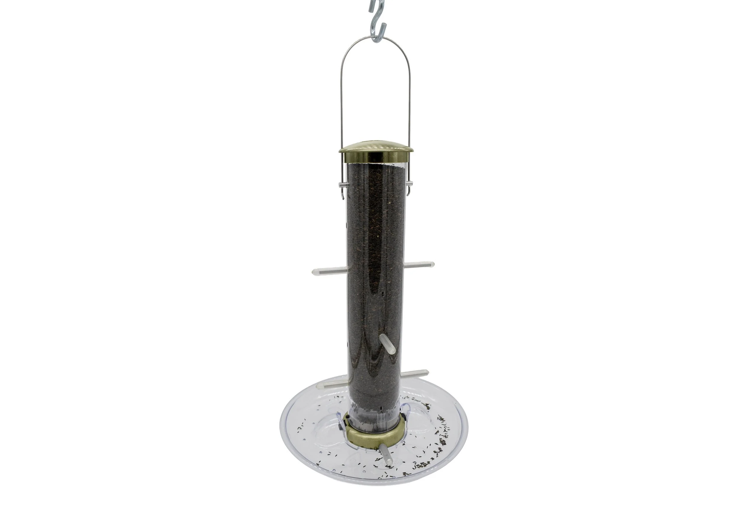 Aspects 402 Quick Clean brass finch tube feeder filled with Nyjer seed and shown with the optional Aspects 449 seed tray attached.