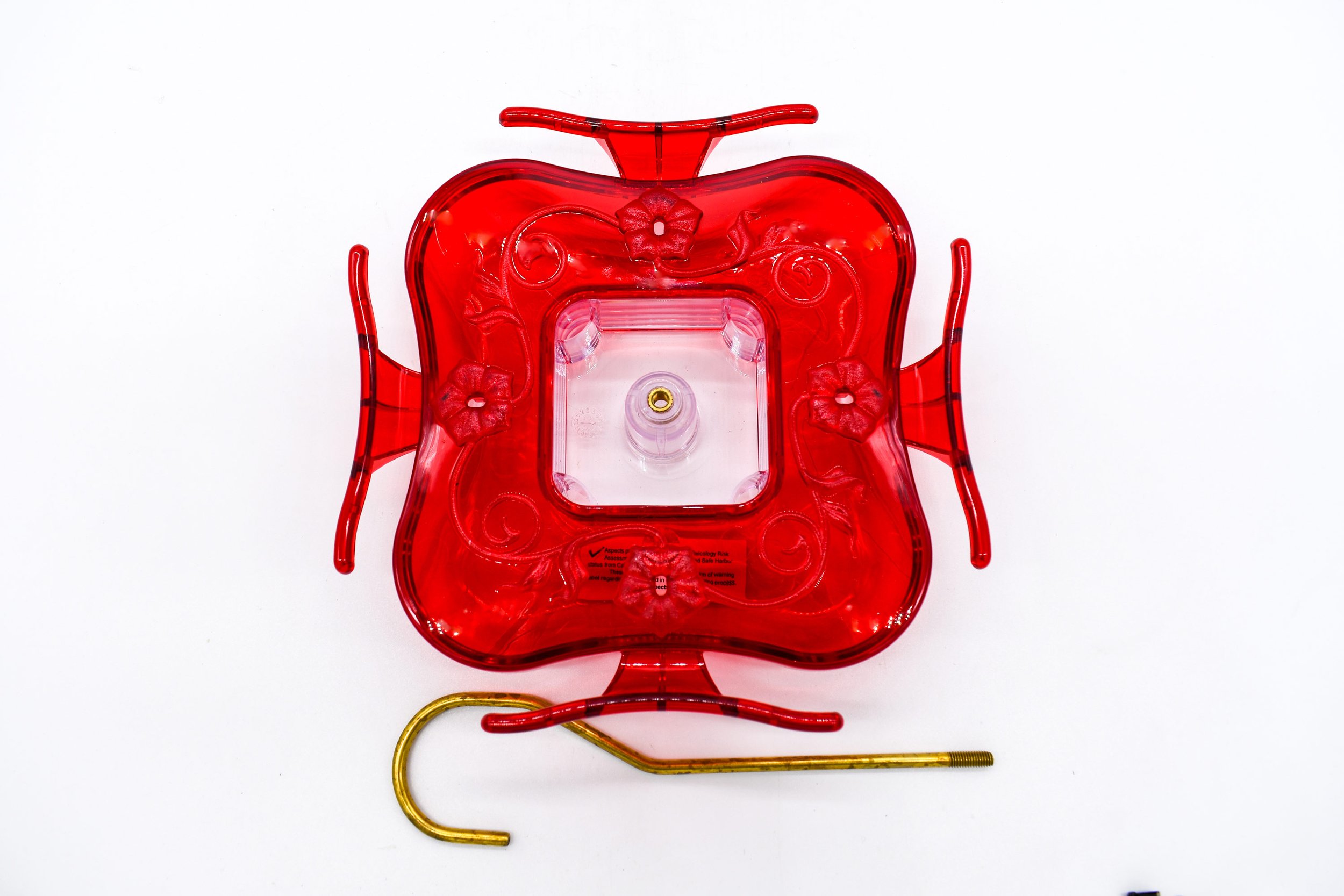 Aspects HighView Square hummingbird feeder showing red cover, four feeding ports and HighView perches