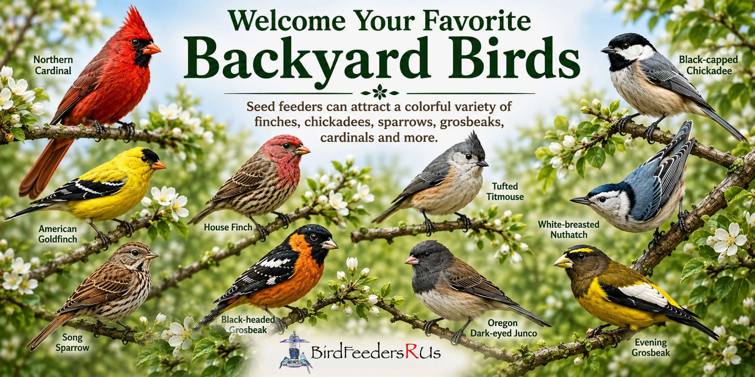 Backyard birds commonly attracted to seed feeders including cardinals, chickadees, finches, sparrows, grosbeaks, titmice, nuthatches and juncos
