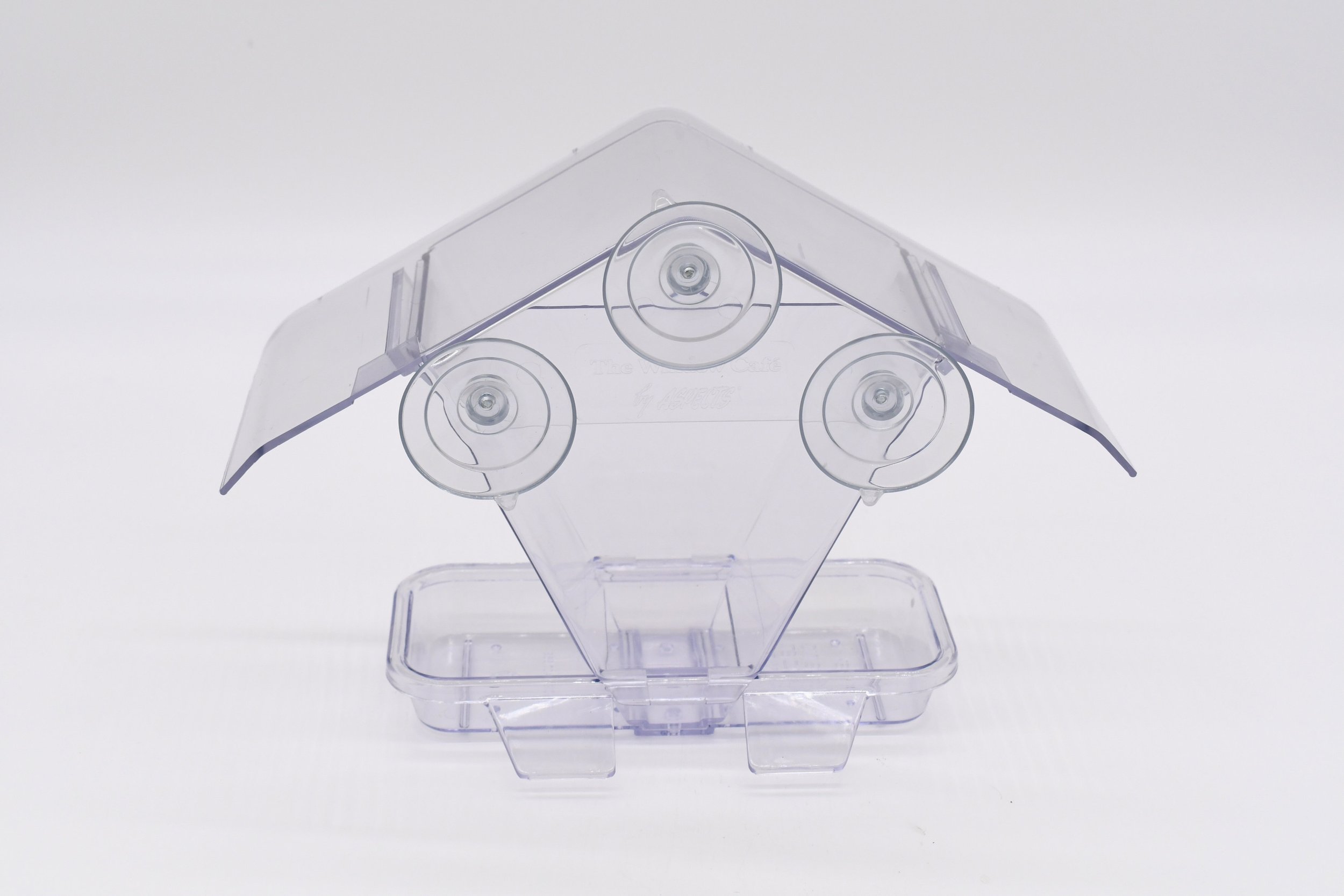Rear view of the Aspects Window Cafe bird feeder showing three clear suction cups used for secure window mounting.