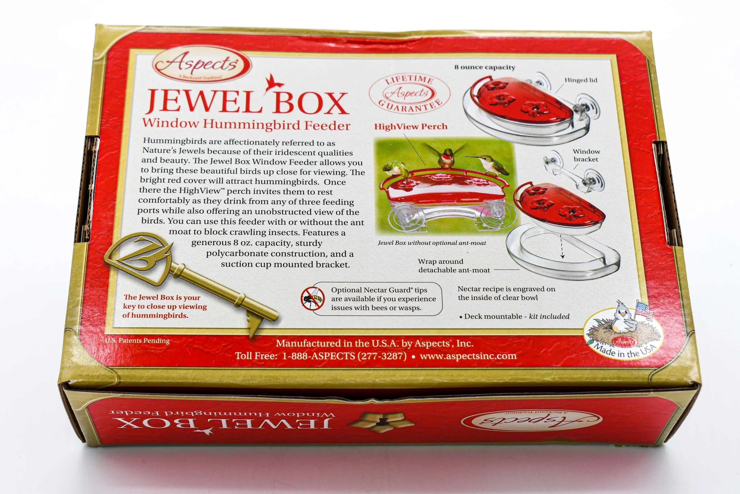 Aspects 407 Jewel Box window hummingbird feeder retail packaging showing feeder design and product features