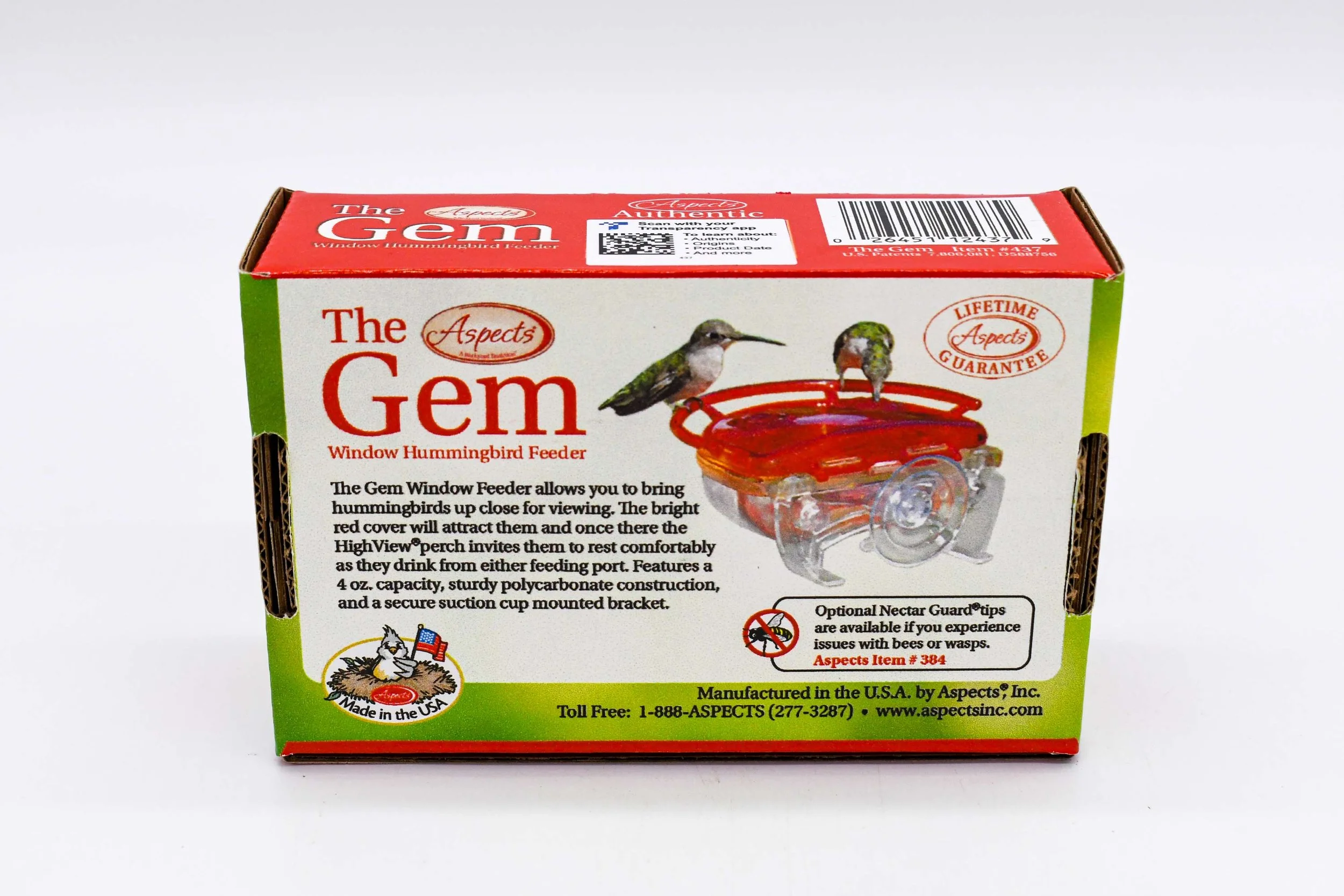 Back view of the retail packaging showing product information, features, installation details, and manufacturer specifications for the Aspects The Gem 4 oz Window Hummingbird Feeder.
