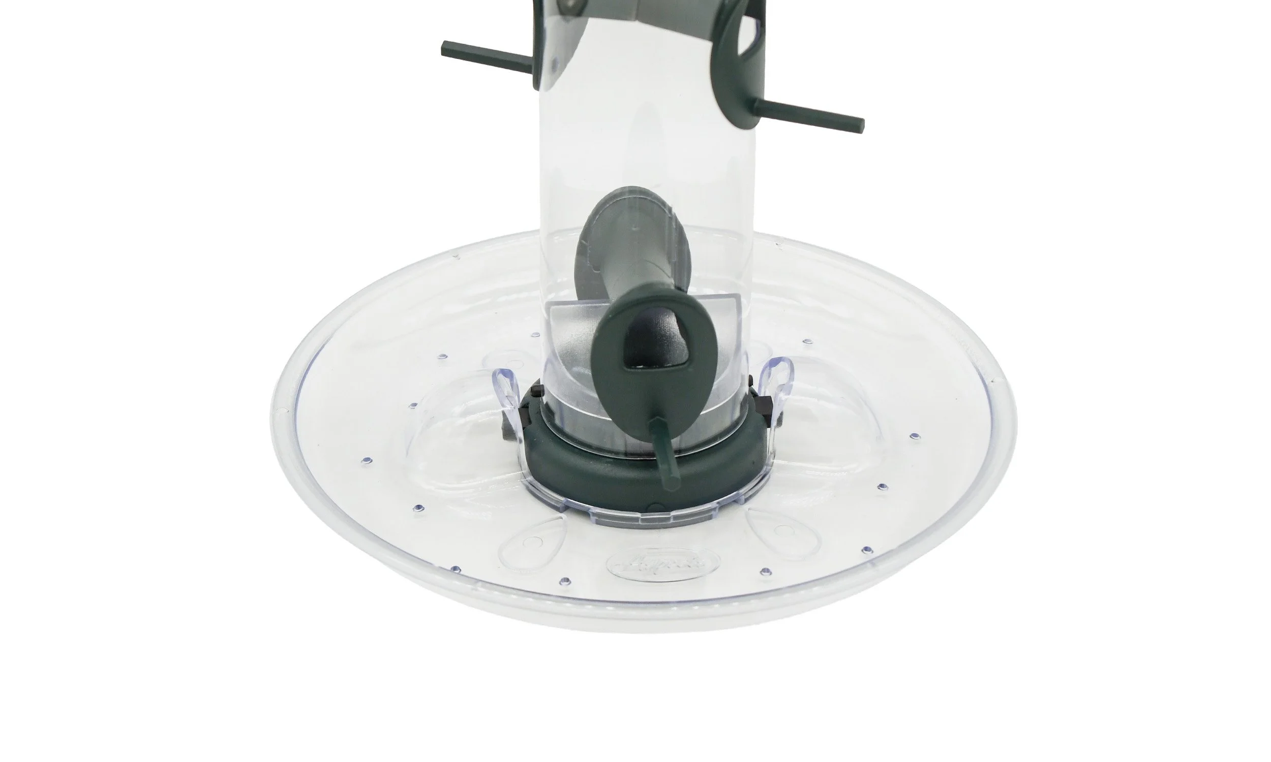 Close-up of optional clear seed tray installed on Aspects 425 Quick-Clean Spruce seed tube bird feeder.