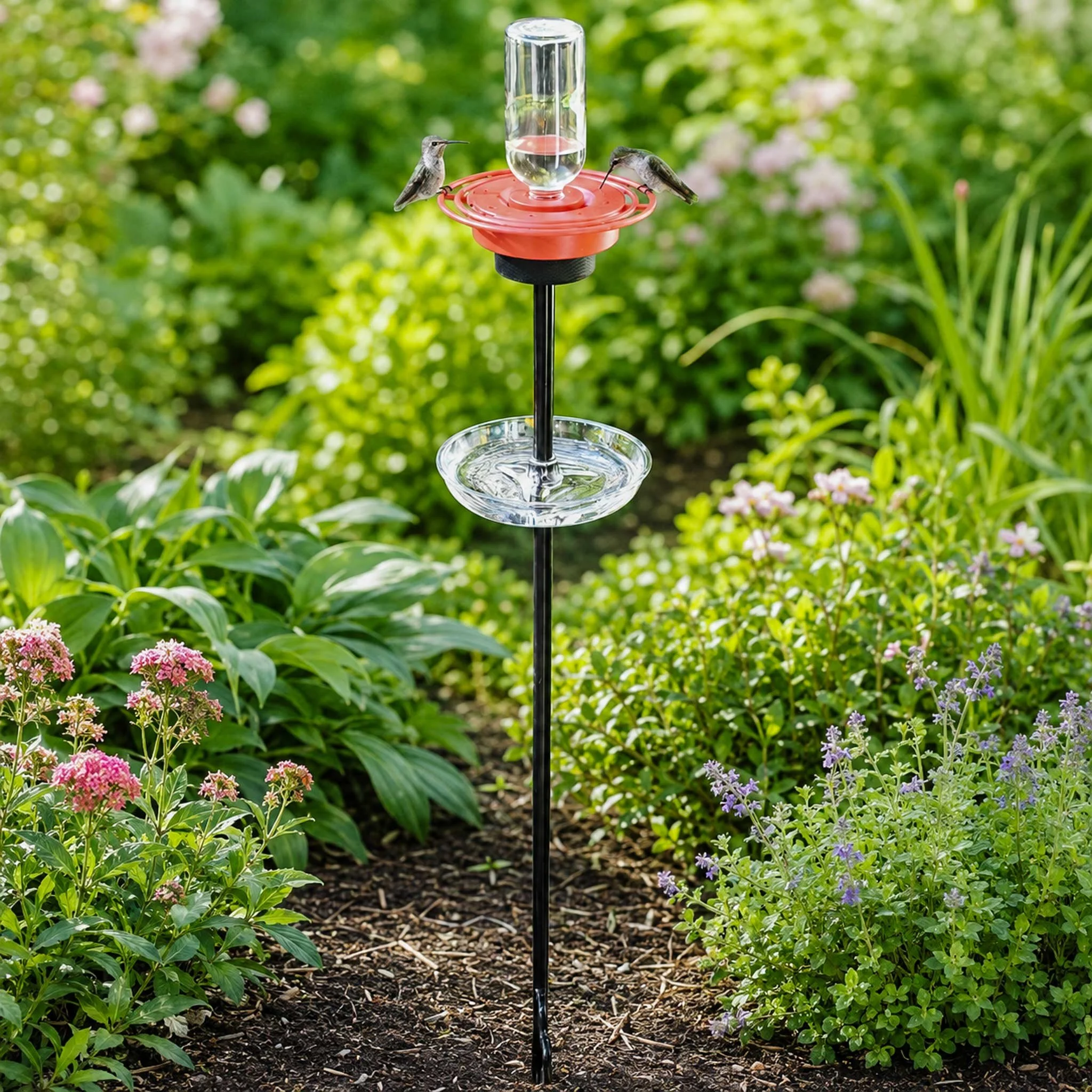 Complete hummingbird feeder mounted on a black pole in a flower garden.
