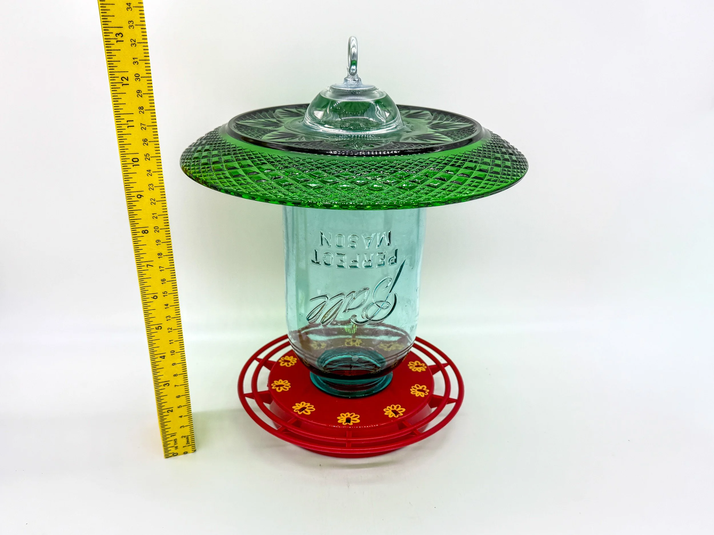 Handcrafted USA hummingbird feeder with green crystal d’Arques plate