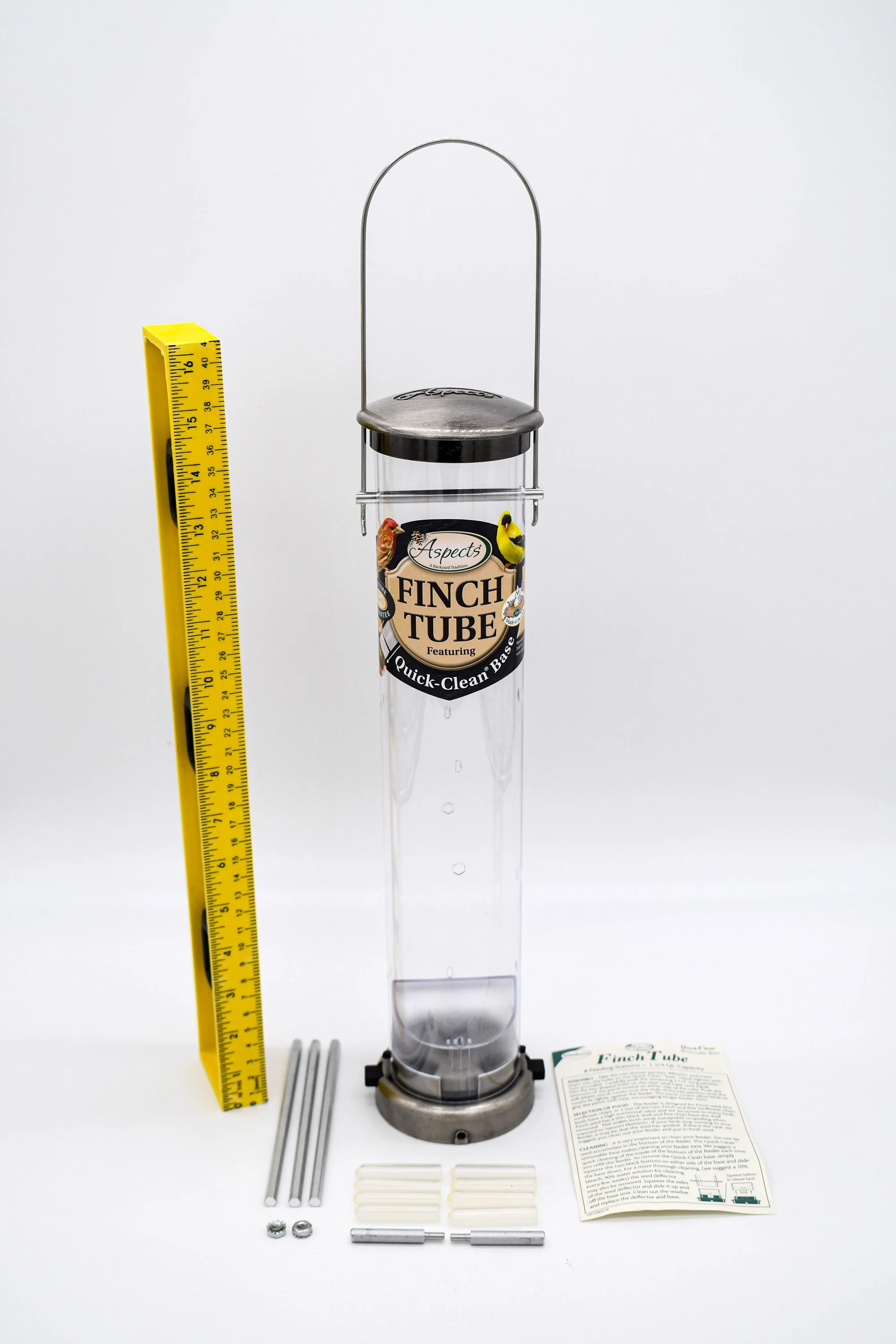Aspects 400 Medium Nickel Finch Tube Feeder shown with measuring ruler, clear seed tube, hanging loop and feeding perches.
