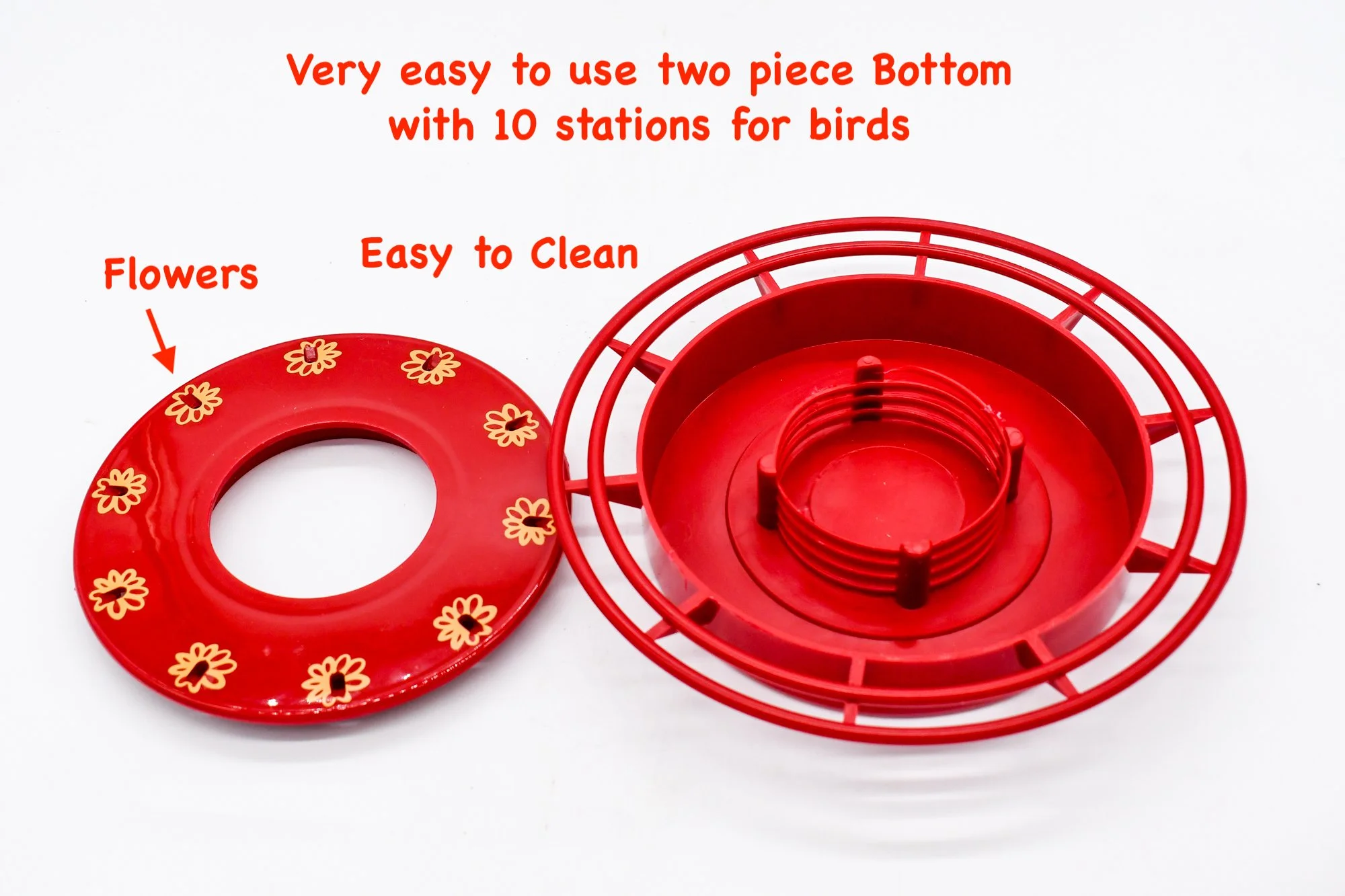 Two-piece Turbine hummingbird feeder base with removable cover for easy filling and cleaning.