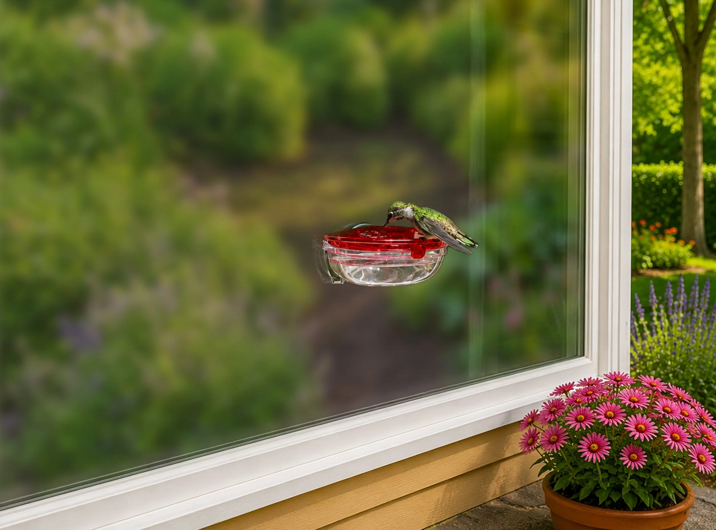Side view of the Aspects The Gem 4 oz Window Hummingbird Feeder attached to a window while a hummingbird feeds, providing an unobstructed close-up view from inside your home.