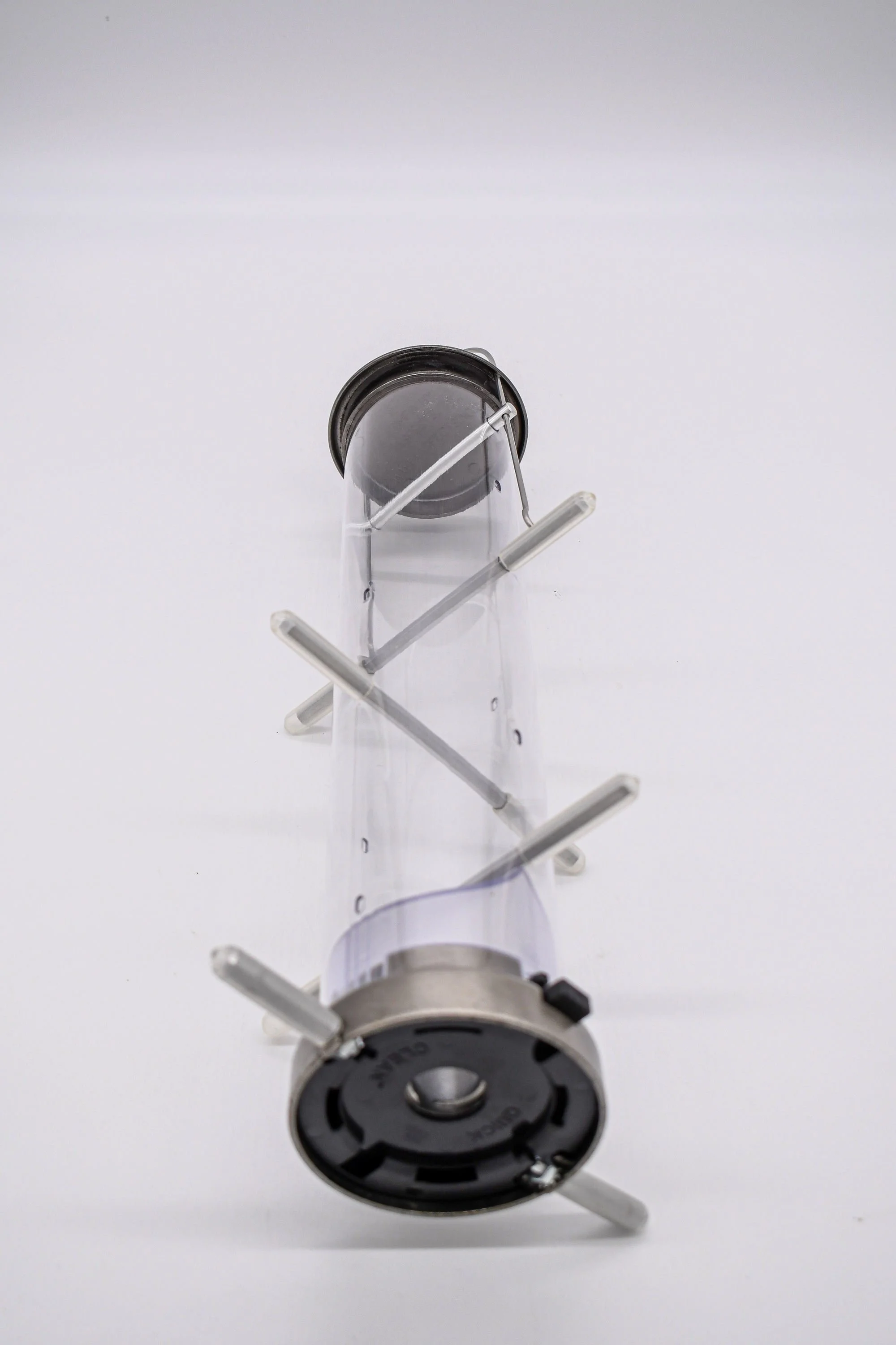 Aspects 400 Quick Clean Nickel Finch Feeder viewed from above showing hanging loop, lid, clear tube and eight-perch design.
