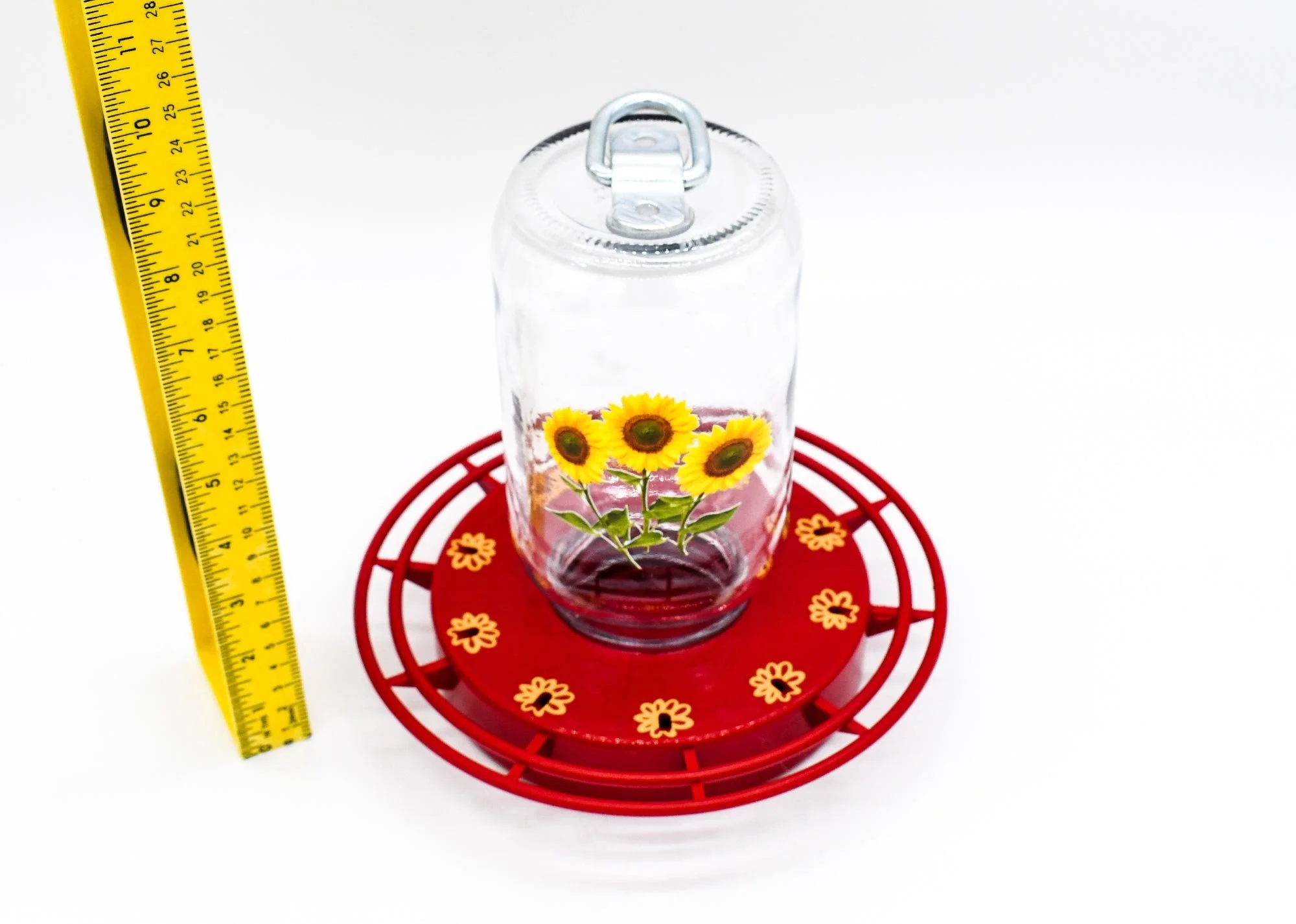 Side view looking down at Mason Jar Feeder with Sunflower decal