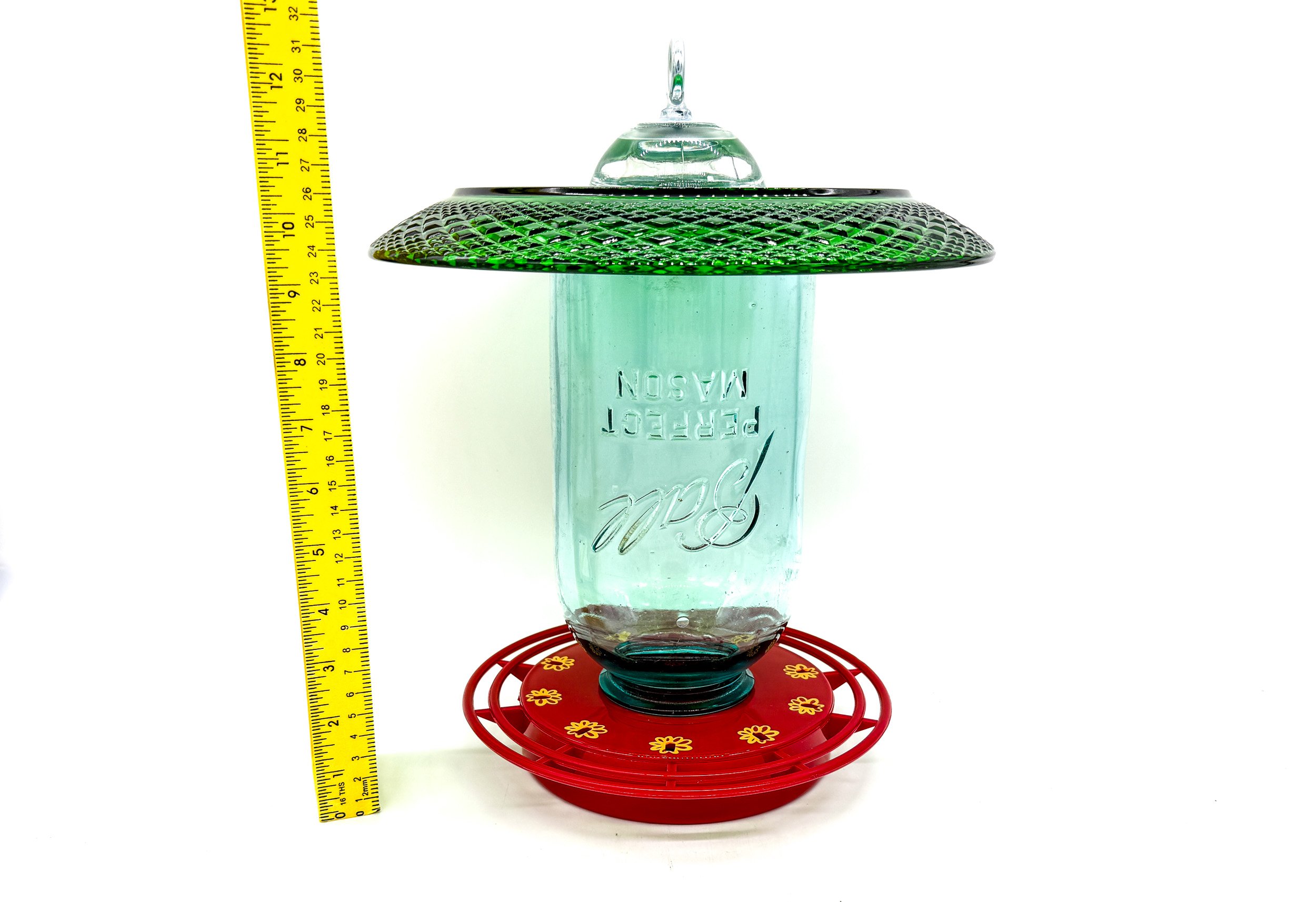 Large green hummingbird feeder with 64 oz blue antique mason jar and crystal glass plate