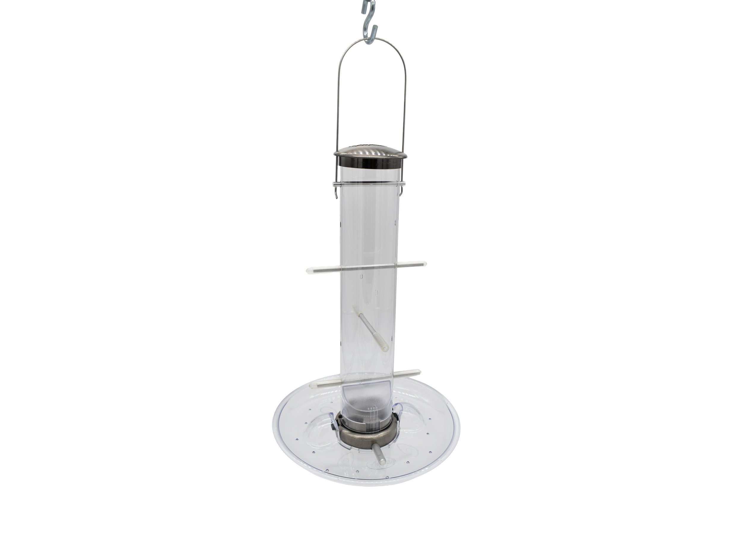 Aspects Quick Clean tube feeder shown with optional clear Aspects 449 Seed Tray attached below the feeder.