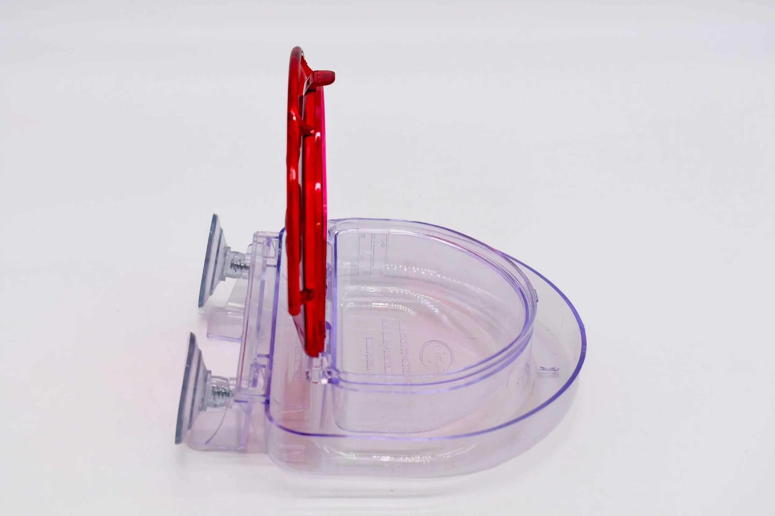 Side profile of Aspects 407 Jewel Box window hummingbird feeder showing clear reservoir and suction cup mounting bracket