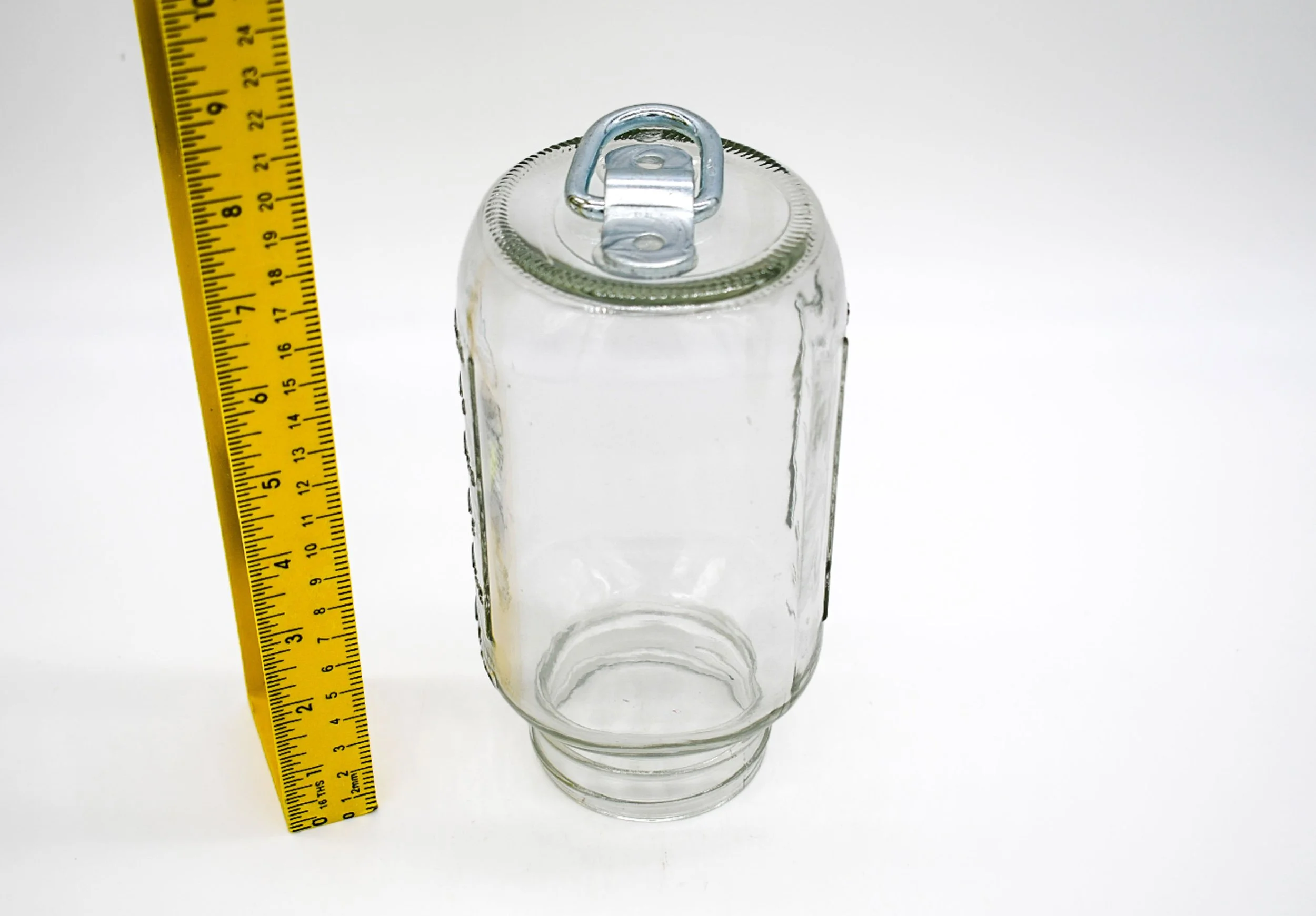 32 oz Mason jar with galvanized hook shown beside ruler for size reference