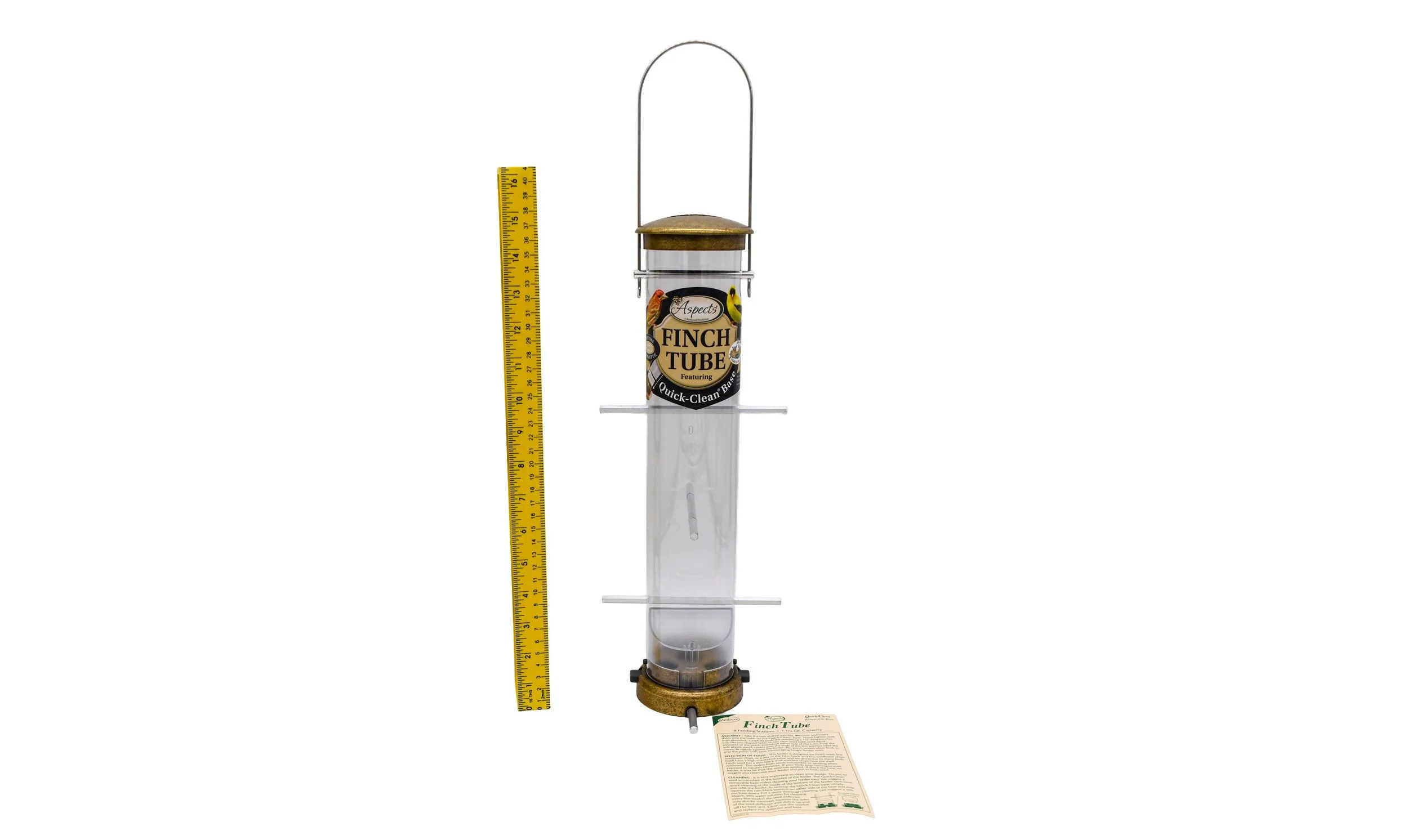 Aspects 402 antique brass Nyjer finch feeder displayed beside a measuring ruler with included manufacturer product information.