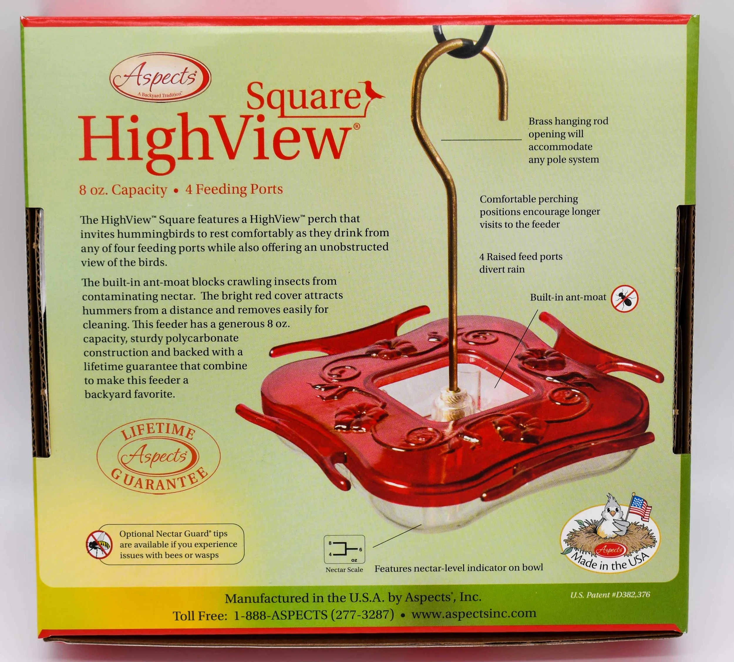 Aspects HighView Square hummingbird feeder package showing 8 oz capacity, four feeding ports and product features