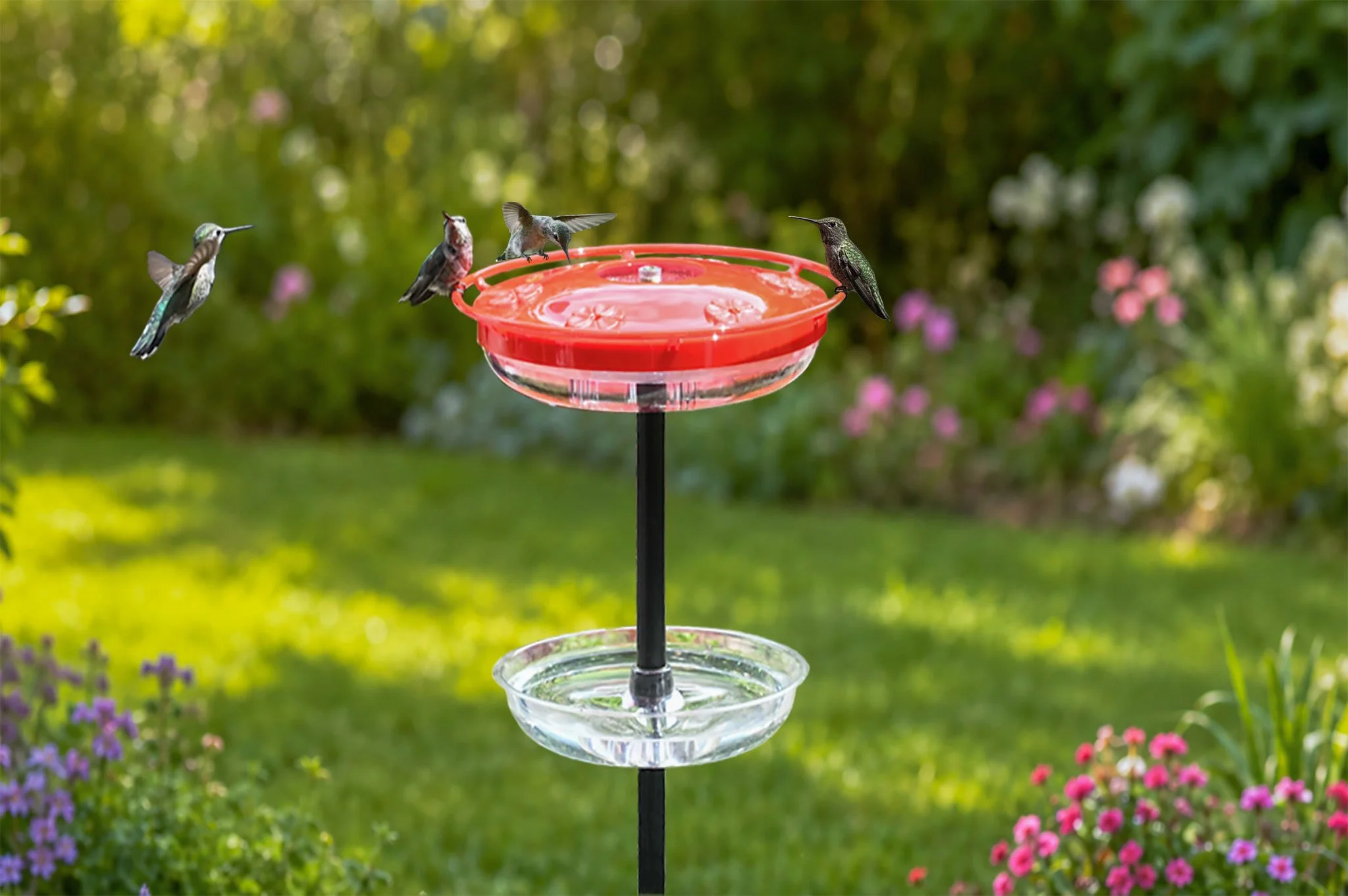 Close view of the Aspects HighView Excel feeder and clear Ant-Mote mounted on a black garden pole with hummingbirds.