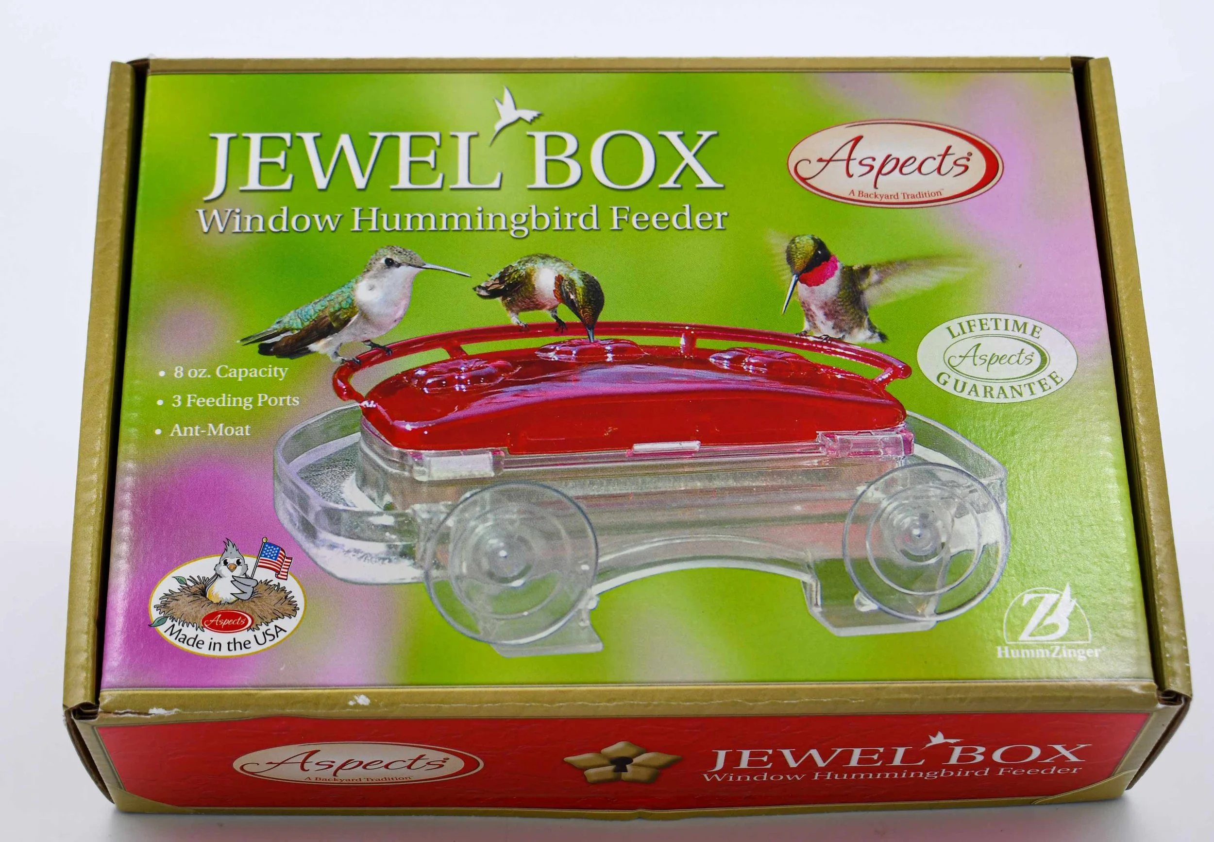 Aspects 407 Jewel Box window hummingbird feeder retail packaging showing feeder design and product features
