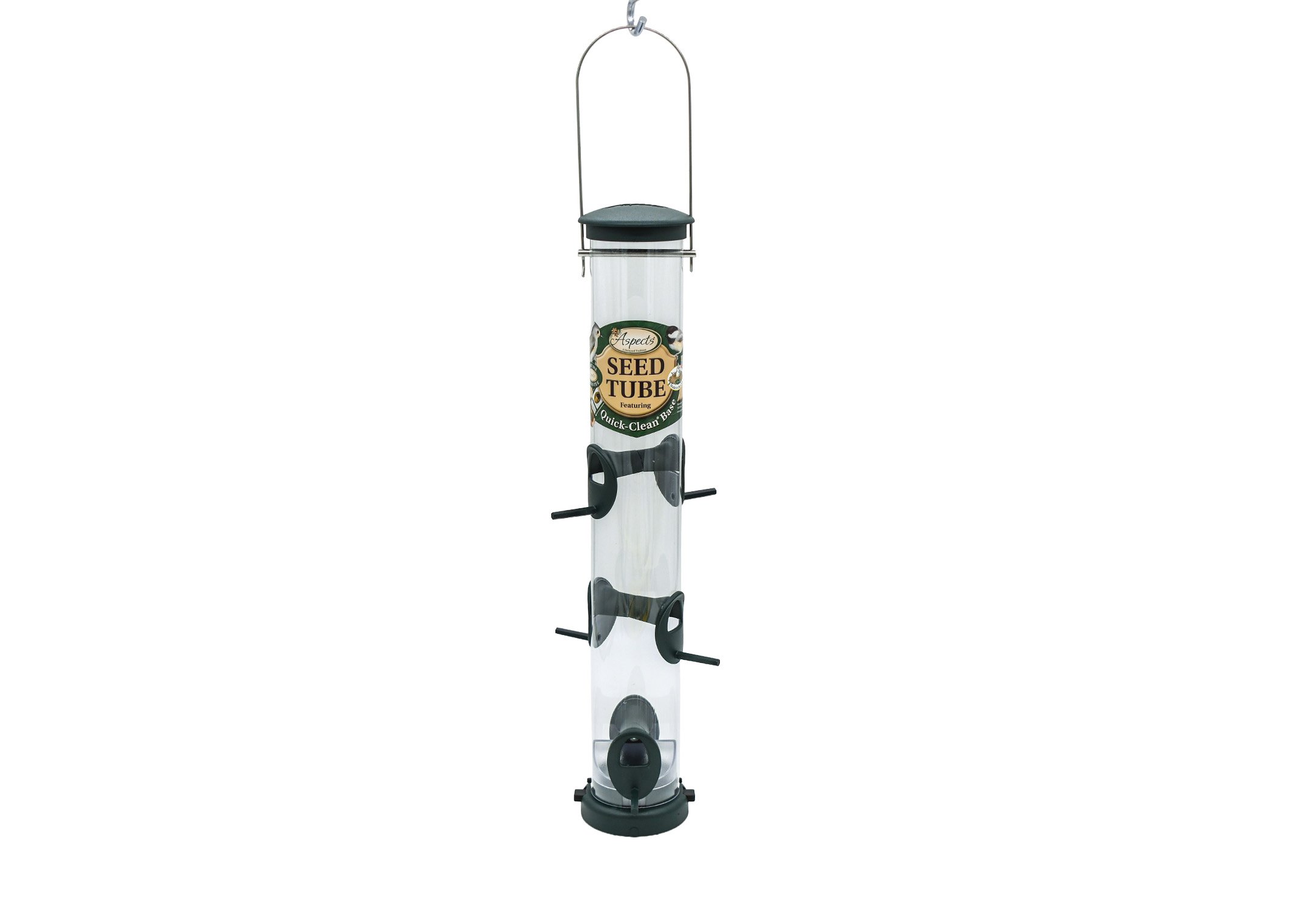 Full view of Aspects 425 Quick-Clean Spruce large hanging seed tube bird feeder with metal hanger and six ports.
