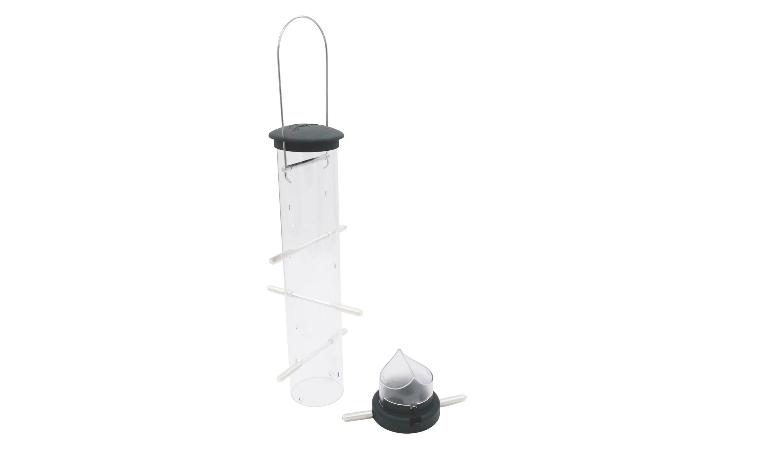 Aspects 427 Quick-Clean Nyjer finch feeder shown with removable base separated from the clear seed tube.
